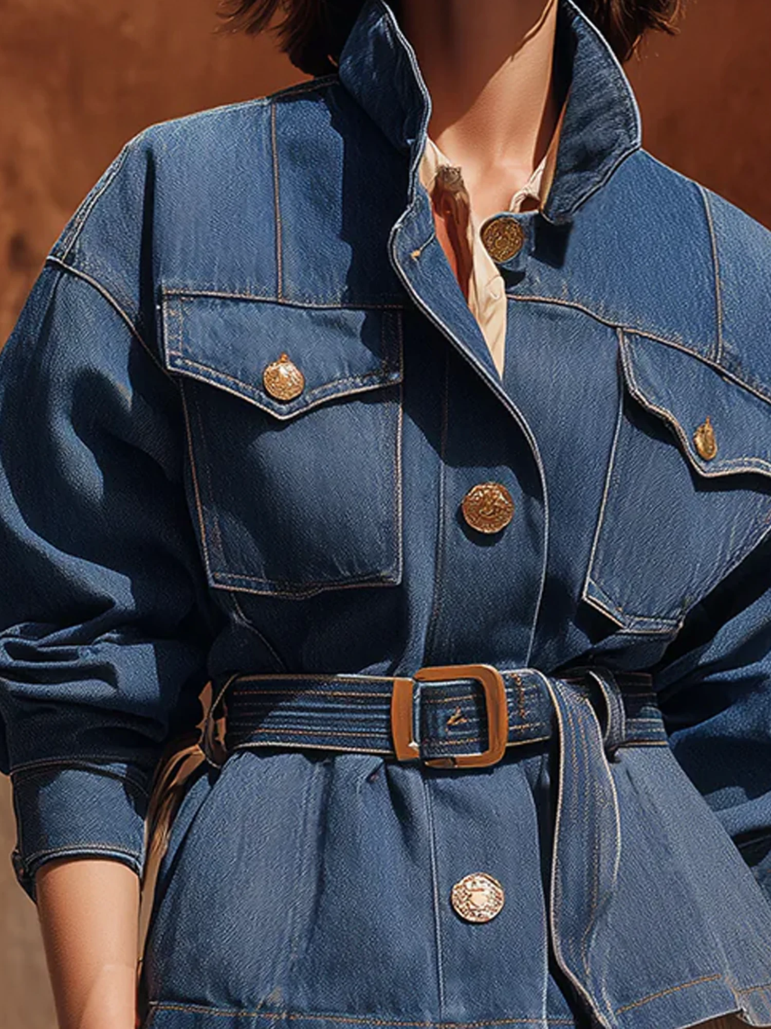 Casual Plain Shirt Collar Denim Jacket With Belt