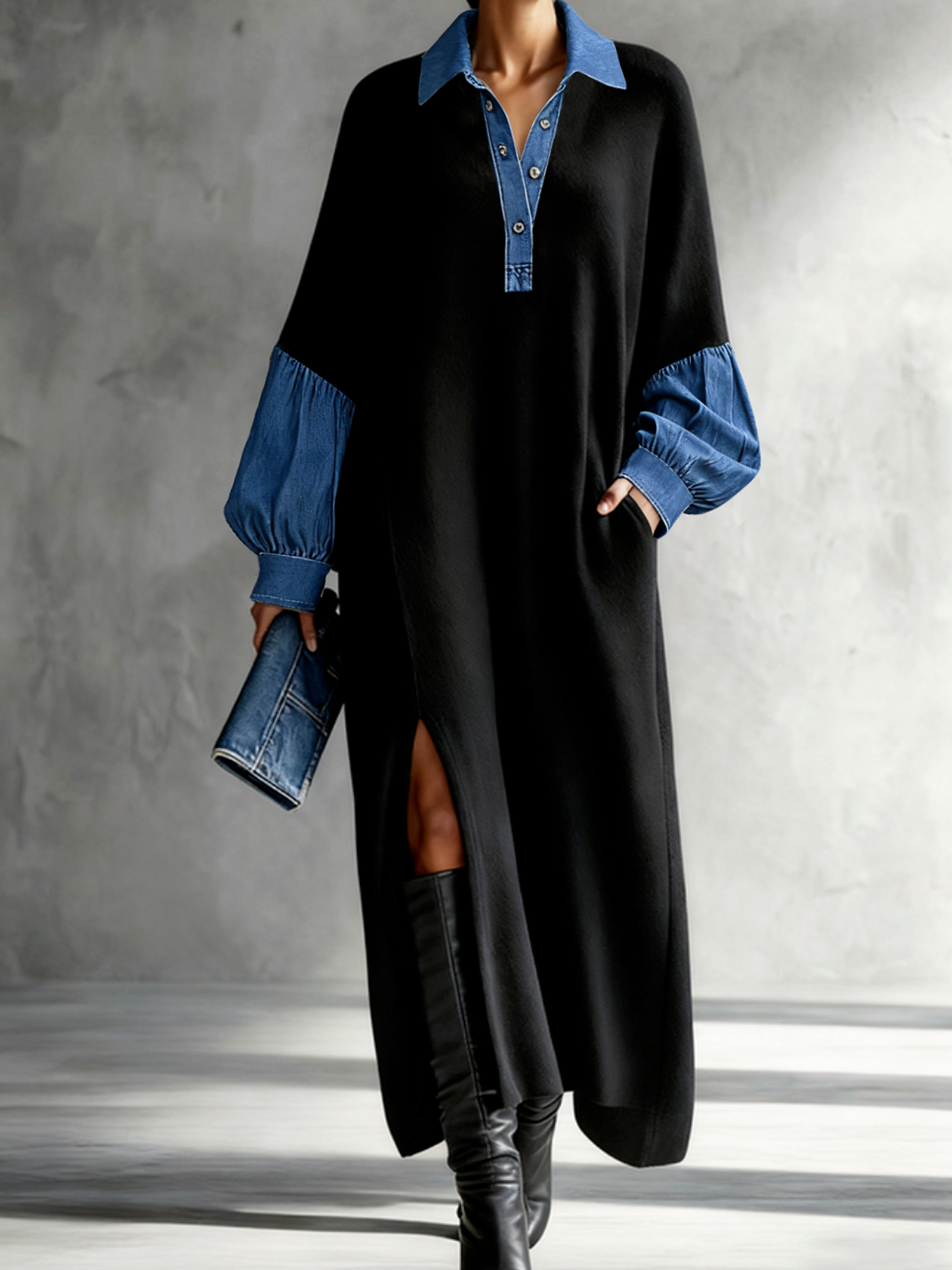 Casual Color Block Shirt Collar Maxi Dress