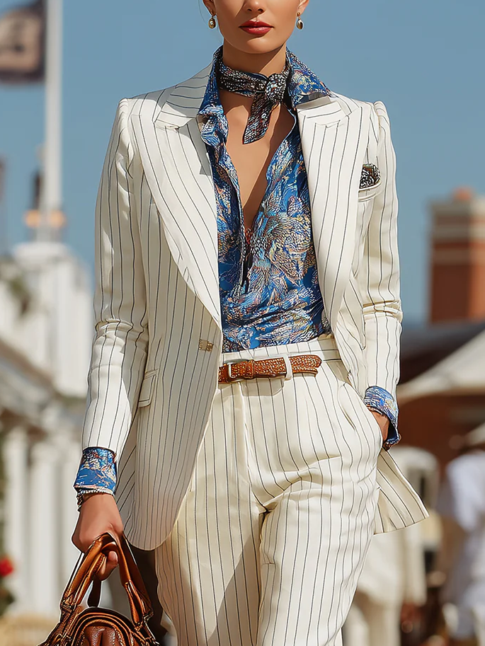 Urban Buttoned Striped Lapel Collar Blazer