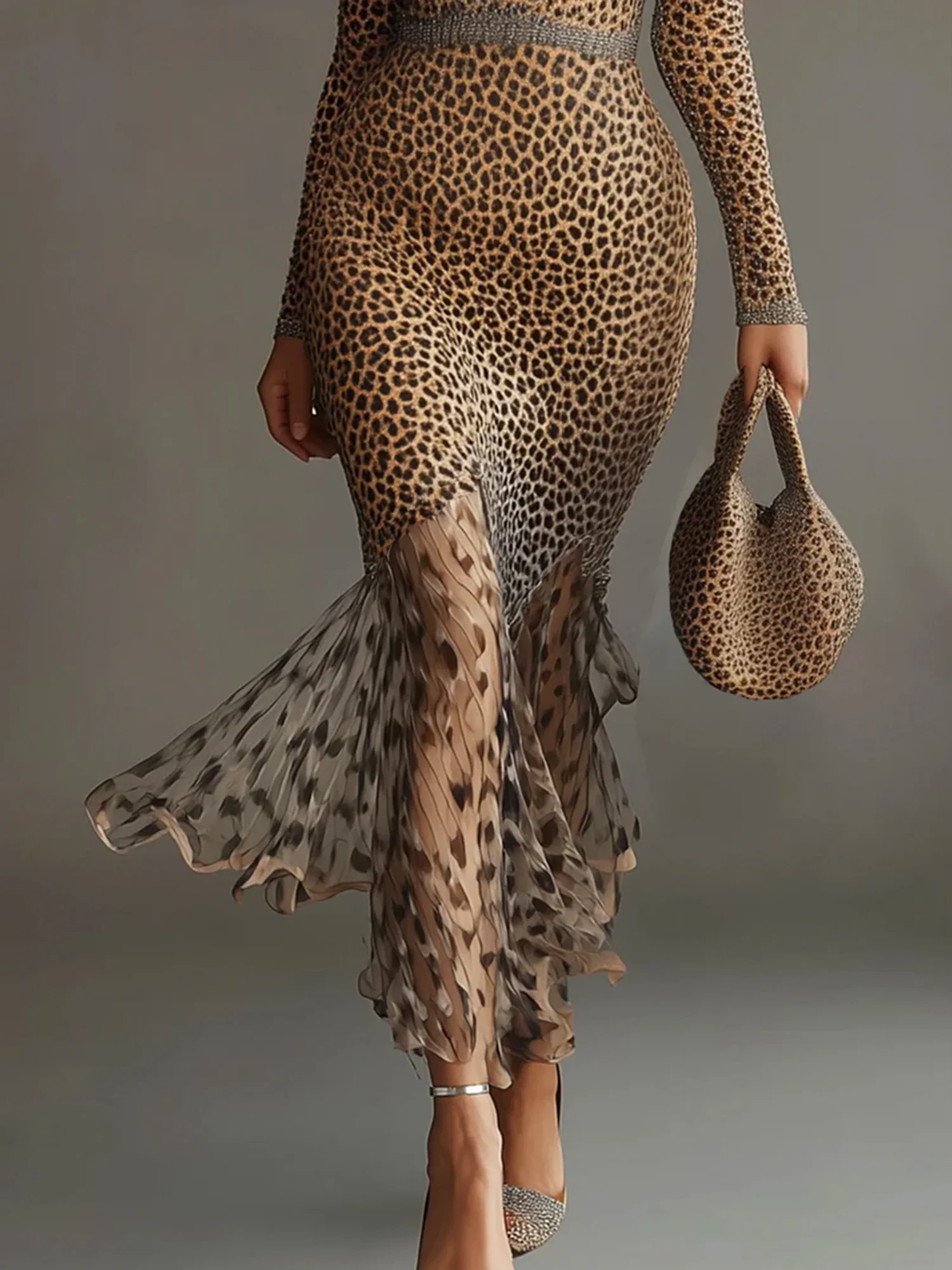 Elegant Leopard Split Joint V Neck Midi Dress