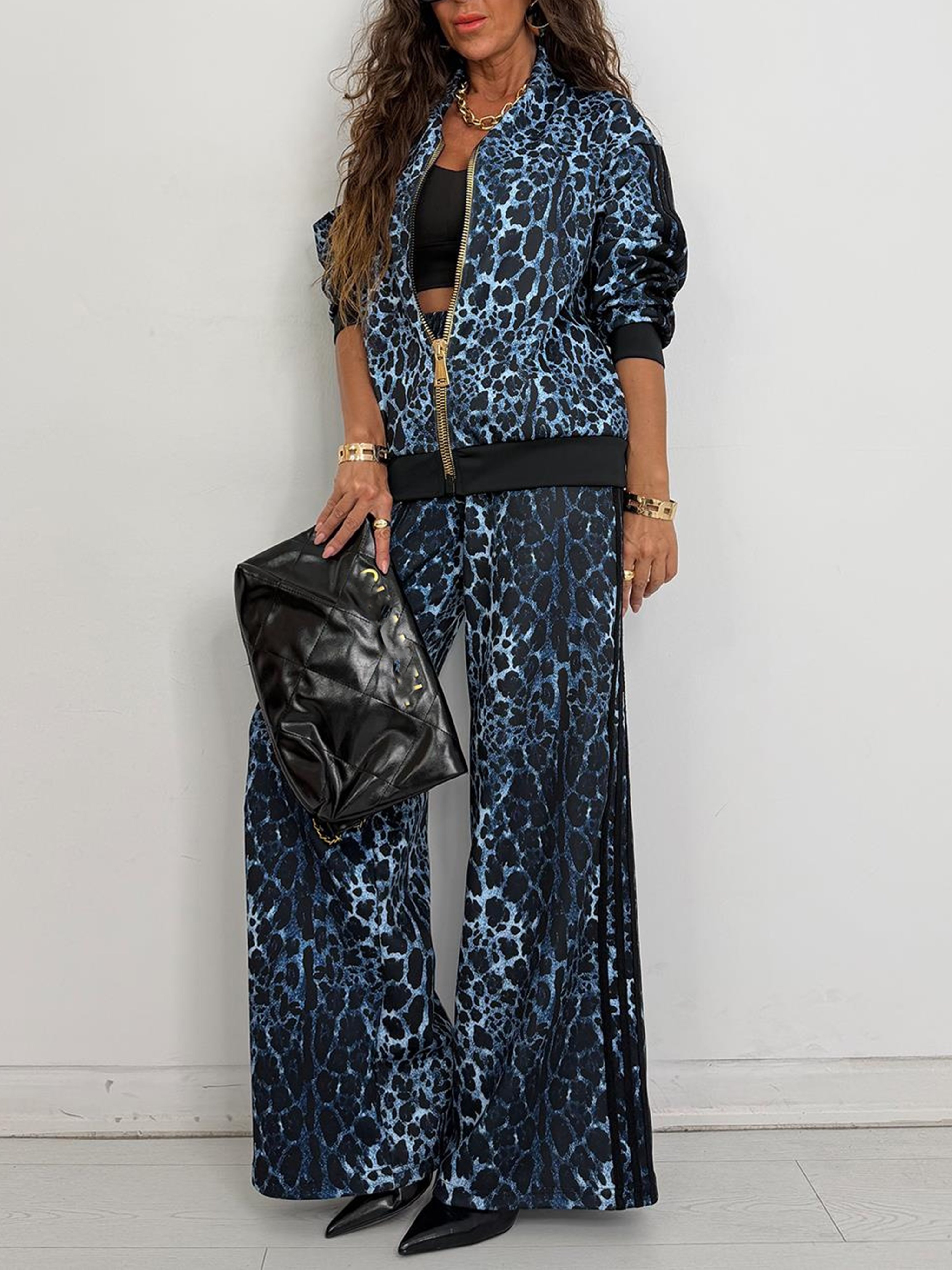 Casual Zipper Leopard Crew Neck Jacket