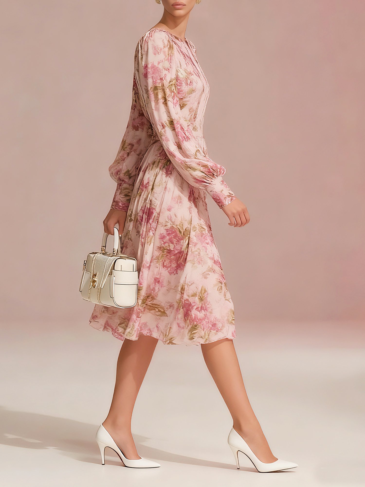 Elegant Plain Balloon Sleeve Printing Crew Neck Knee Length Dress