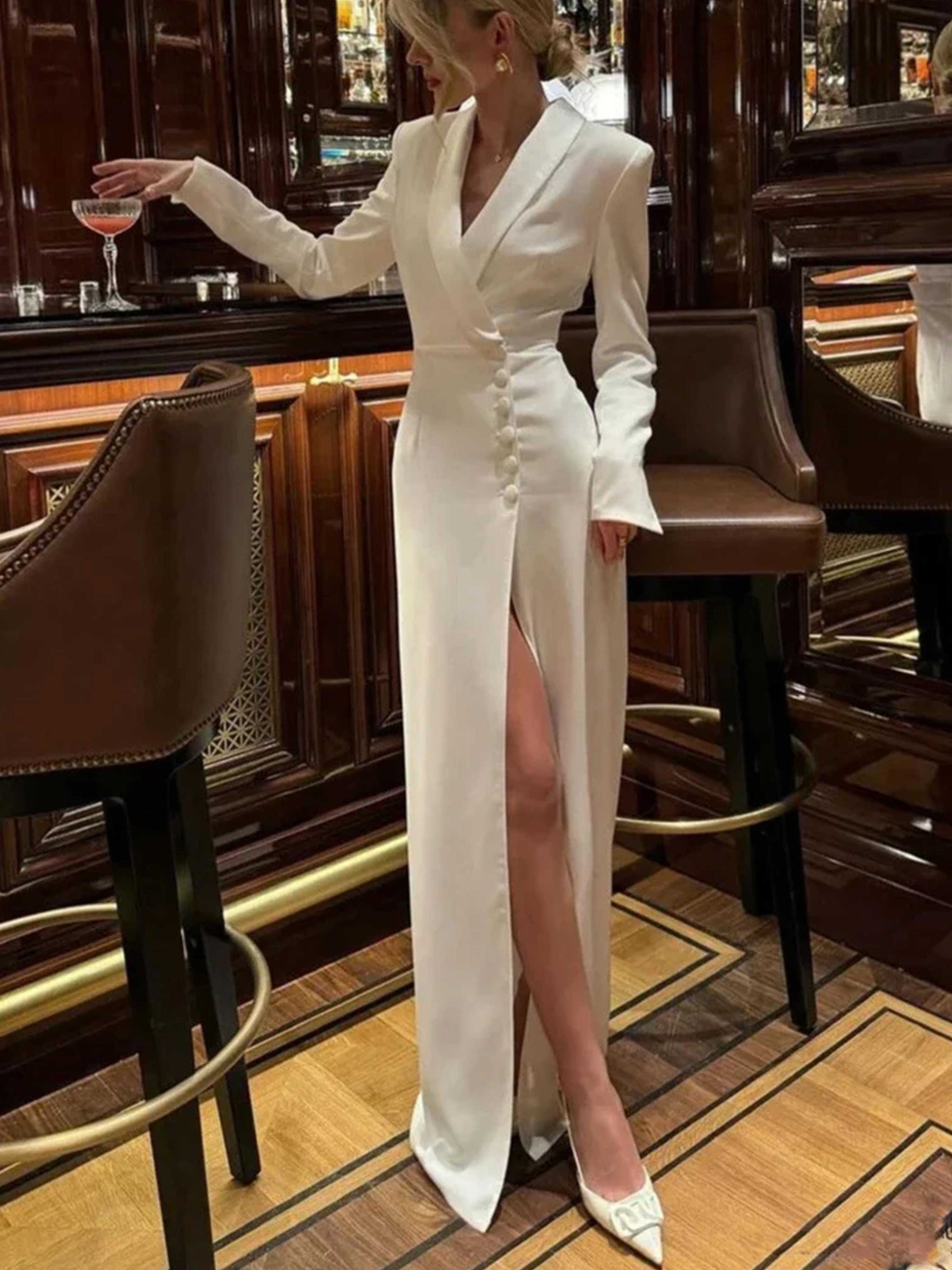 Elegant Plain Buttoned Lapel Collar Maxi Dress