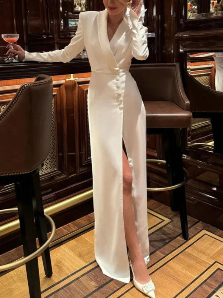 Elegant Plain Buttoned Lapel Collar Maxi Dress