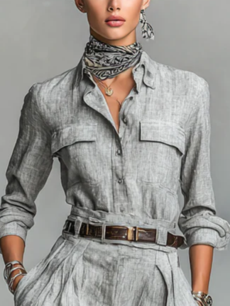 Cotton Urban Plain Buttoned Shirt Collar Shirt