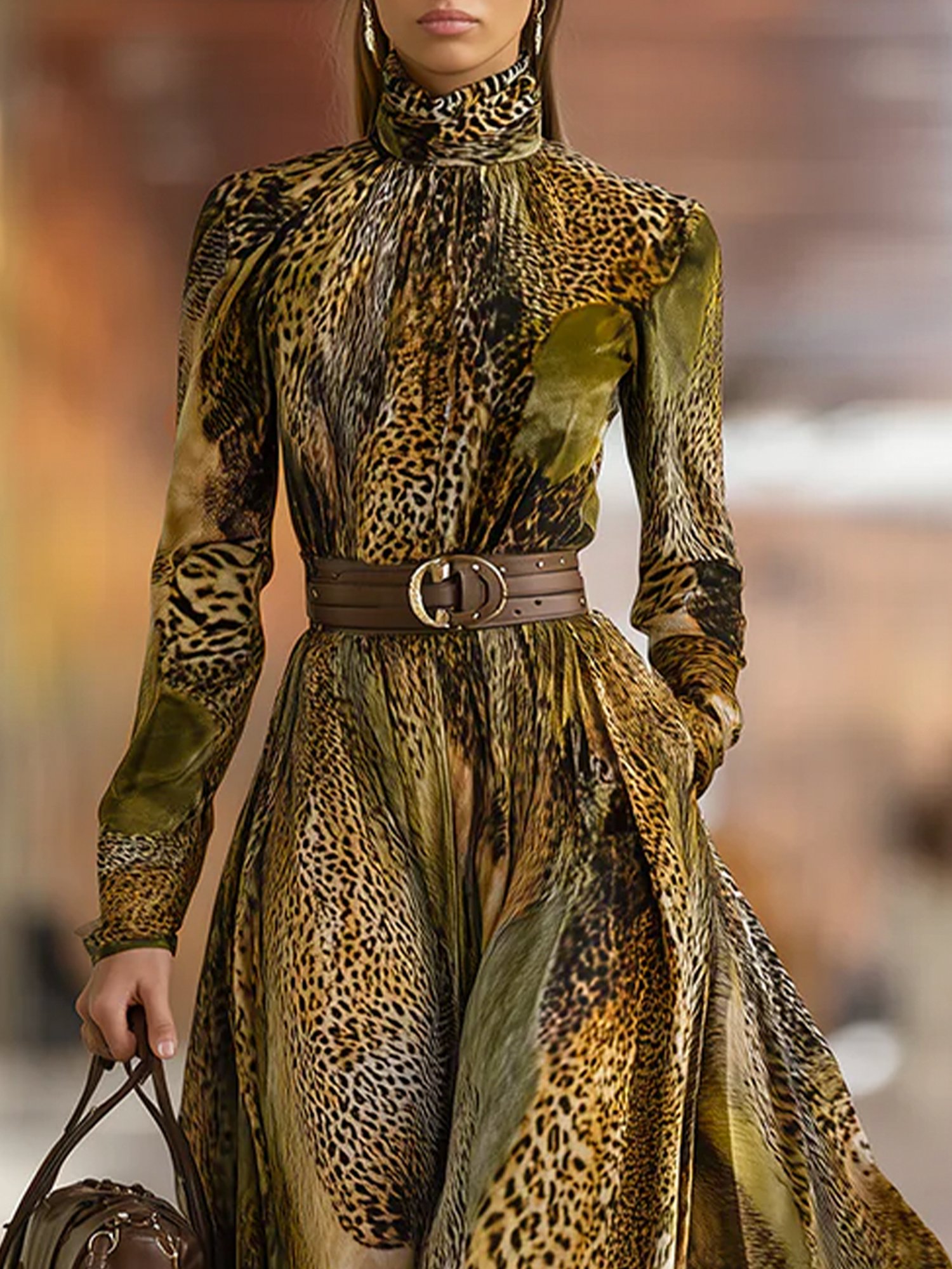 Elegant Leopard Printing Mock Neck Maxi Dress With Belt