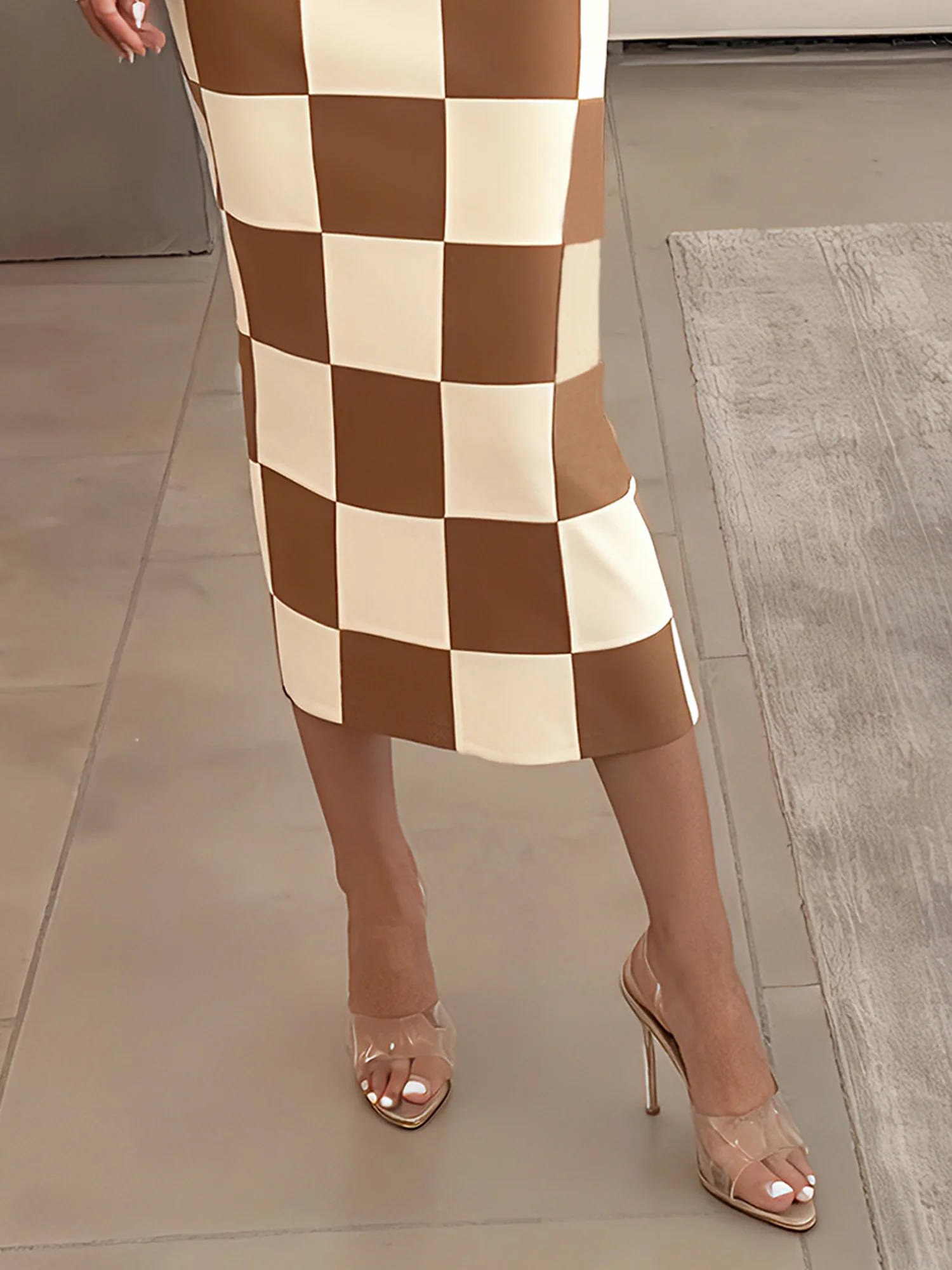 Casual Plaid Printing Crew Neck Midi Dress