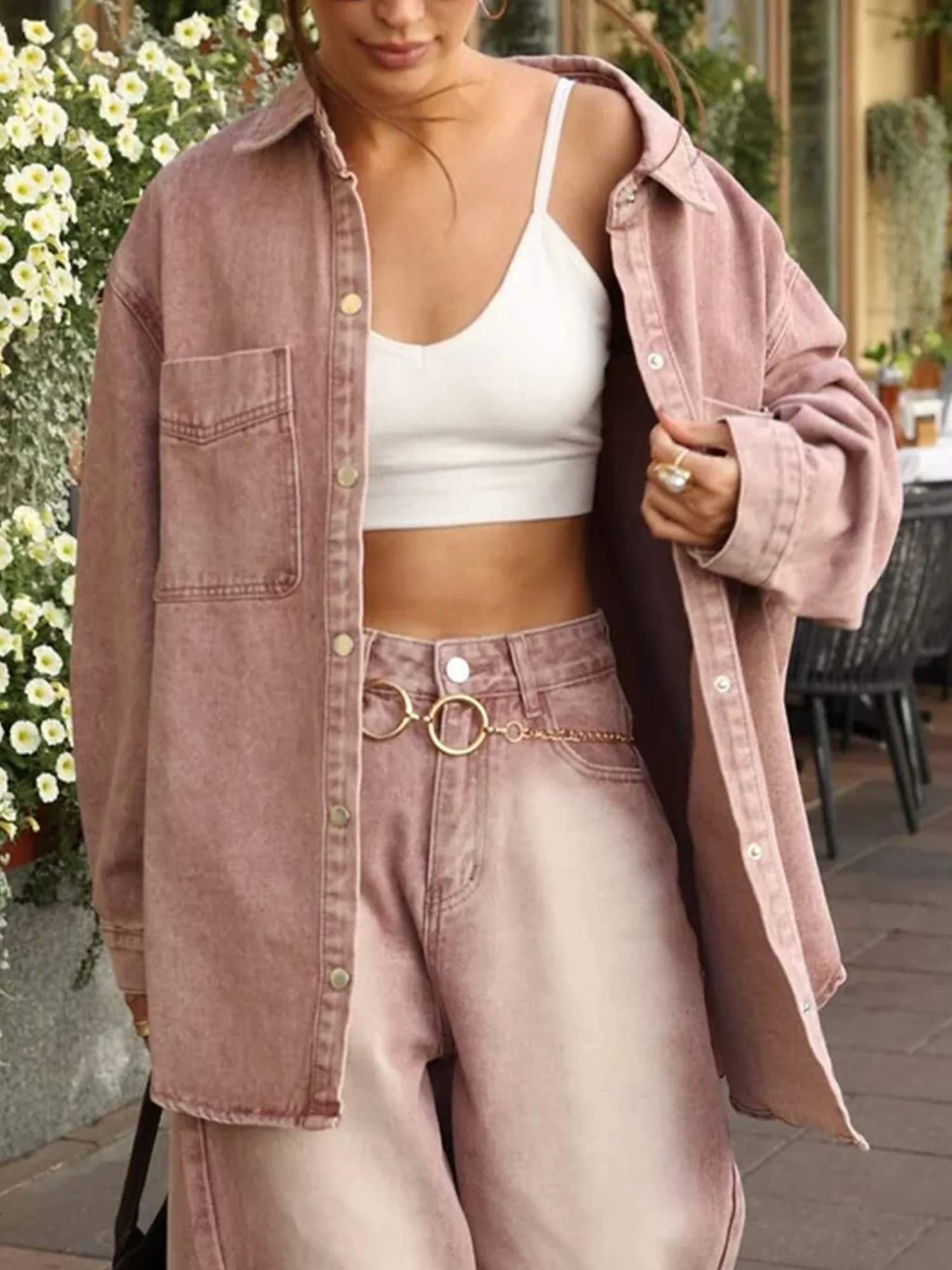 Denim Casual Plain Distressing Shirt Collar Shirt