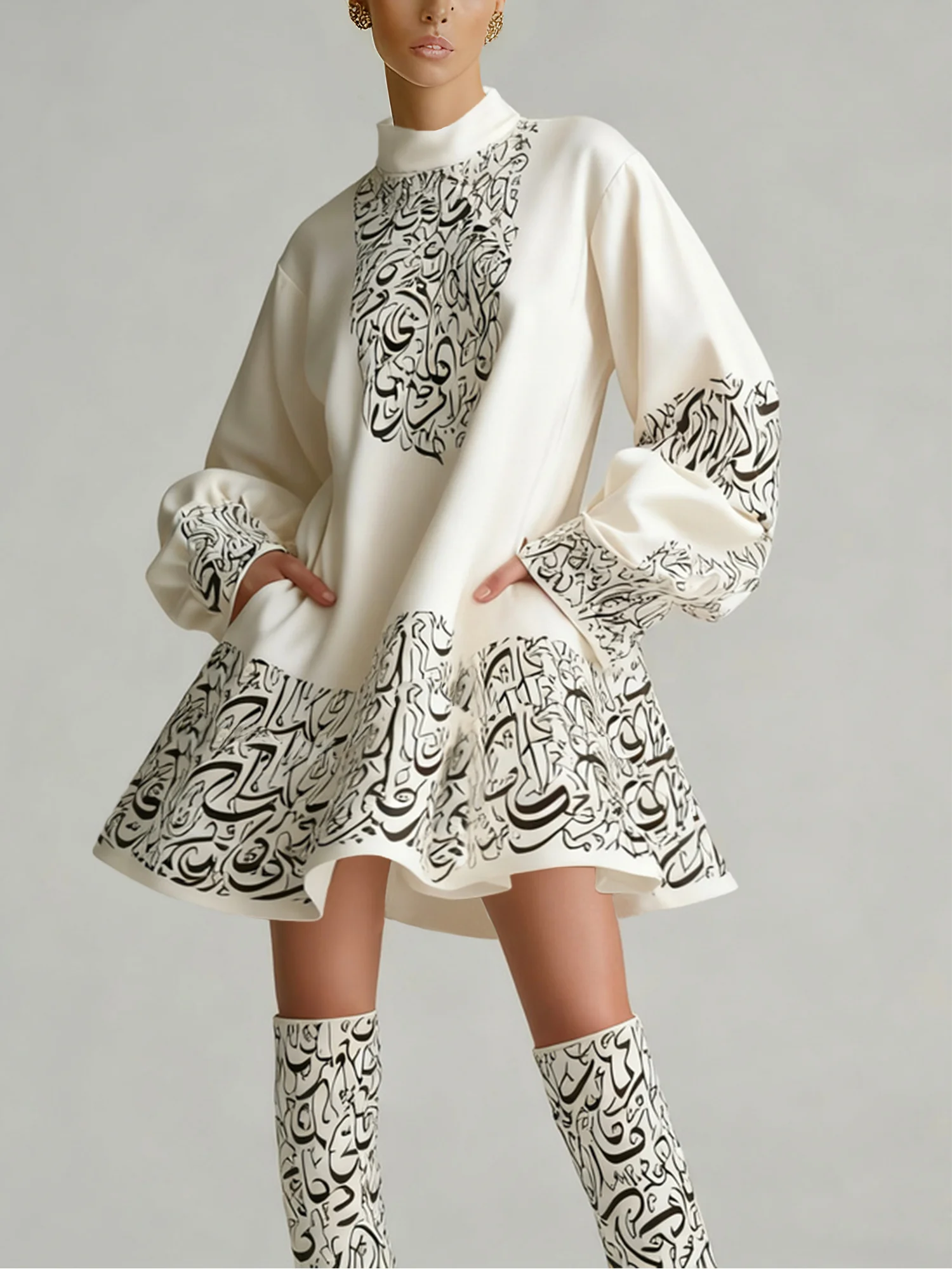 Casual Random Print Printing Stand Collar Mini Dress