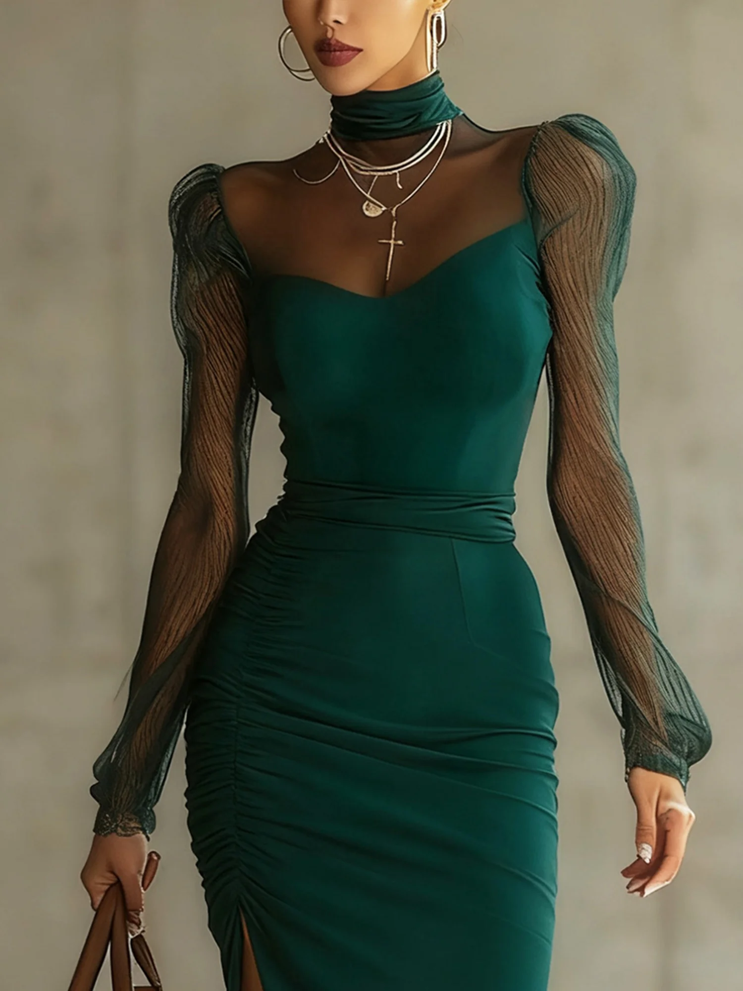 Elegant Plain Gathered Side-Slit Stand Collar Midi Dress