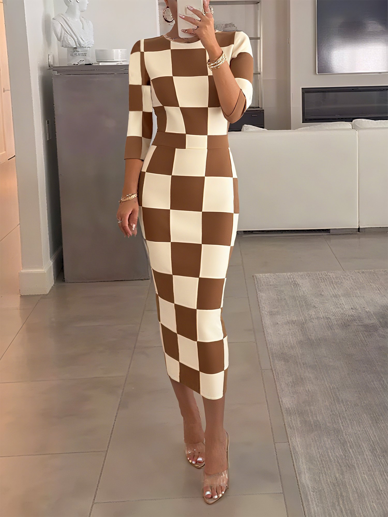 Casual Plaid Printing Crew Neck Midi Dress