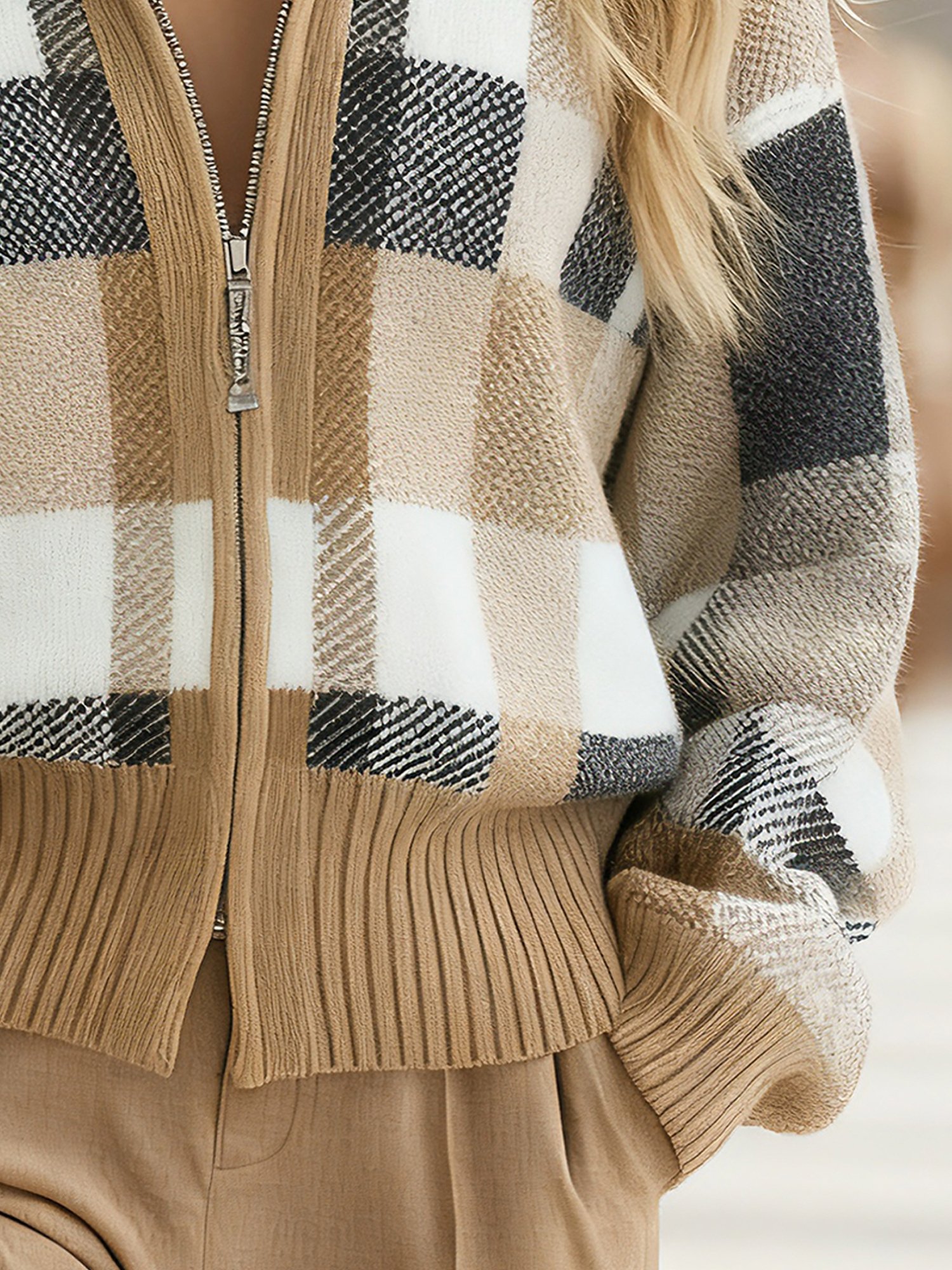 Casual Plaid Stand Collar Sweater Cardigan