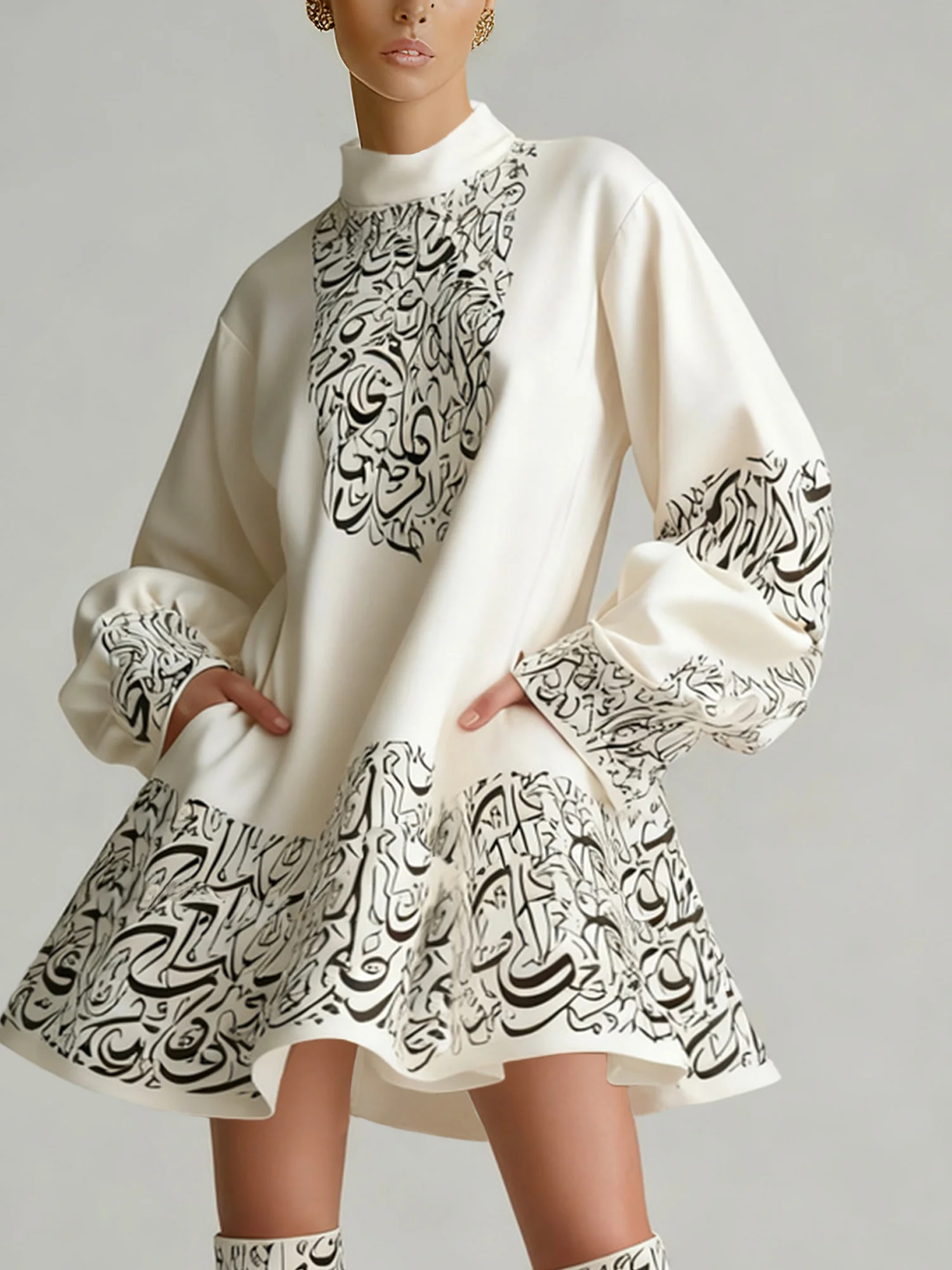 Casual Random Print Printing Stand Collar Mini Dress