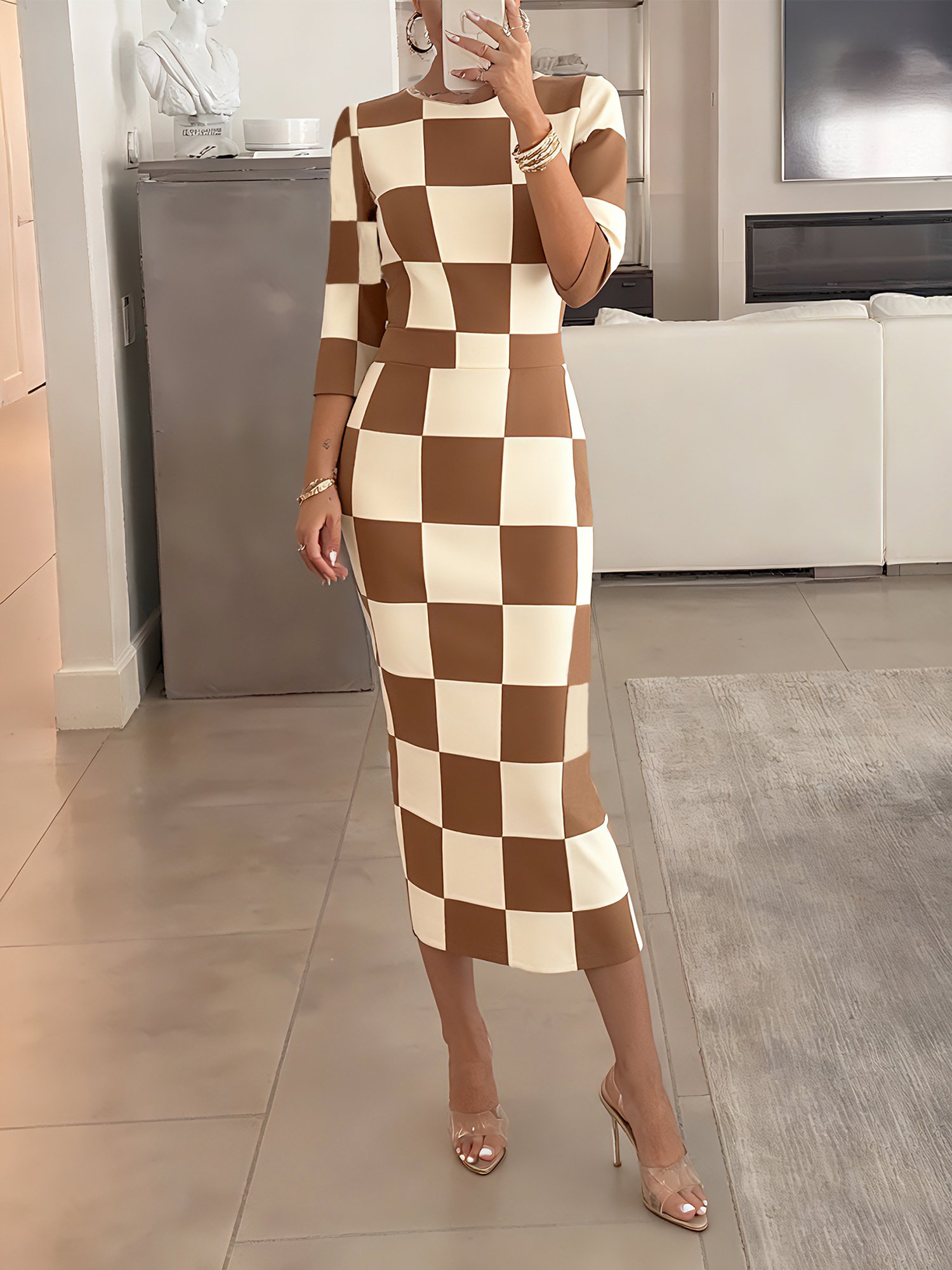 Casual Plaid Printing Crew Neck Midi Dress