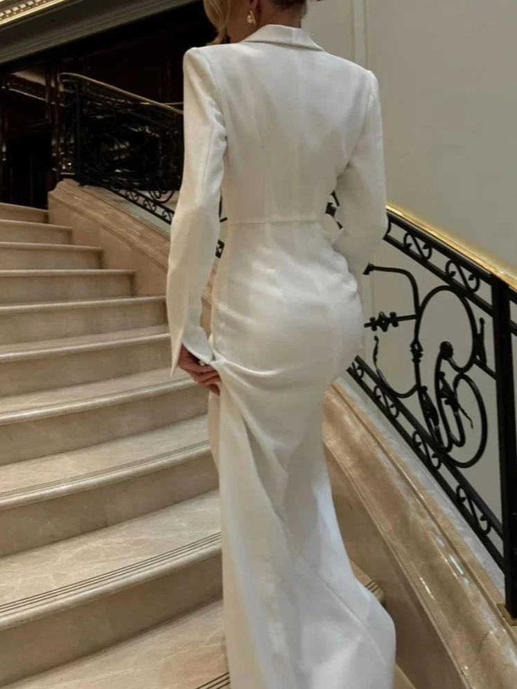 Elegant Plain Buttoned Lapel Collar Maxi Dress