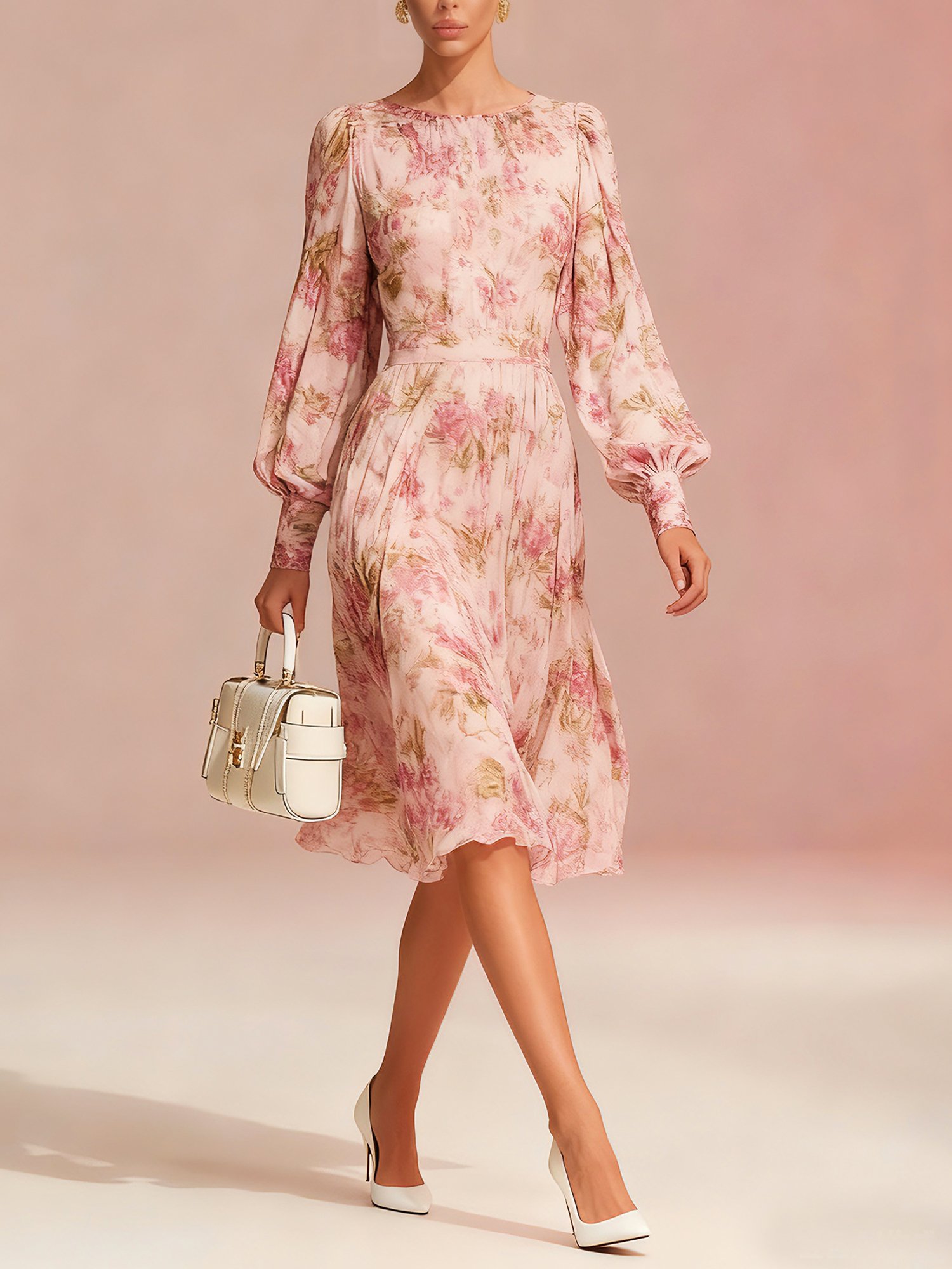 Elegant Plain Balloon Sleeve Printing Crew Neck Knee Length Dress