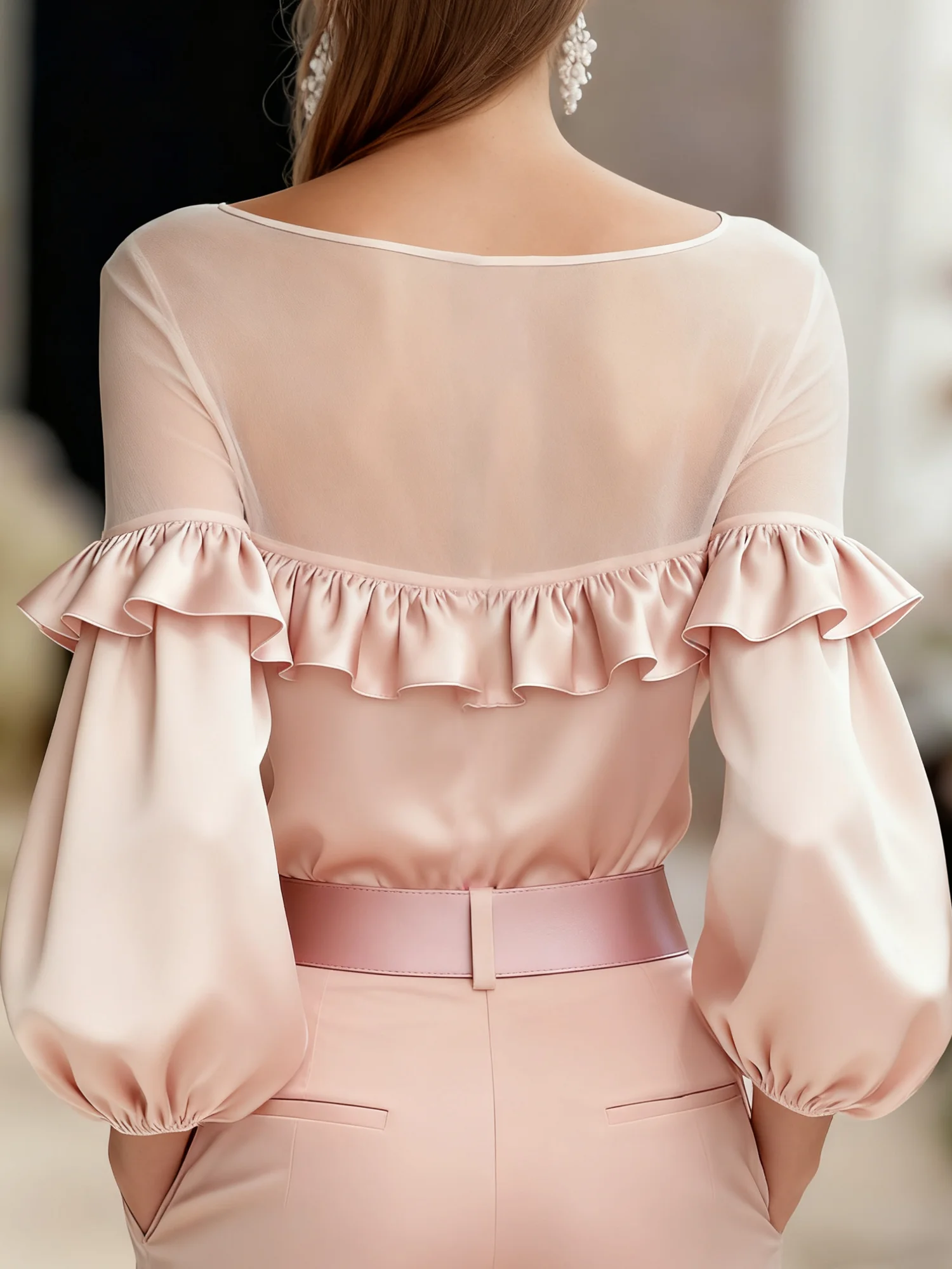 Satin Elegant Plain Peplum Crew Neck Blouse