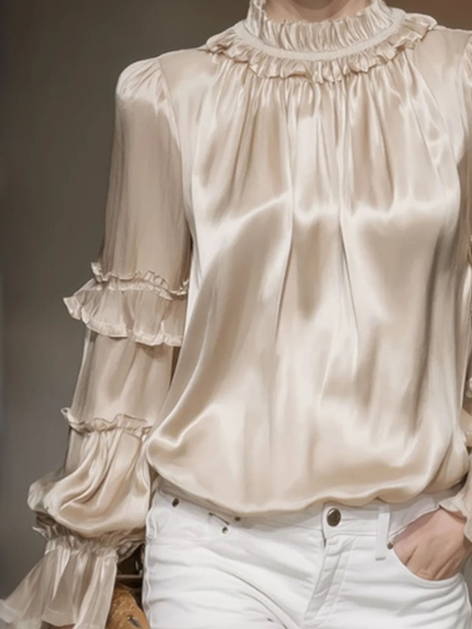 Satin Elegant Plain Peplum Stand Collar  Blouse