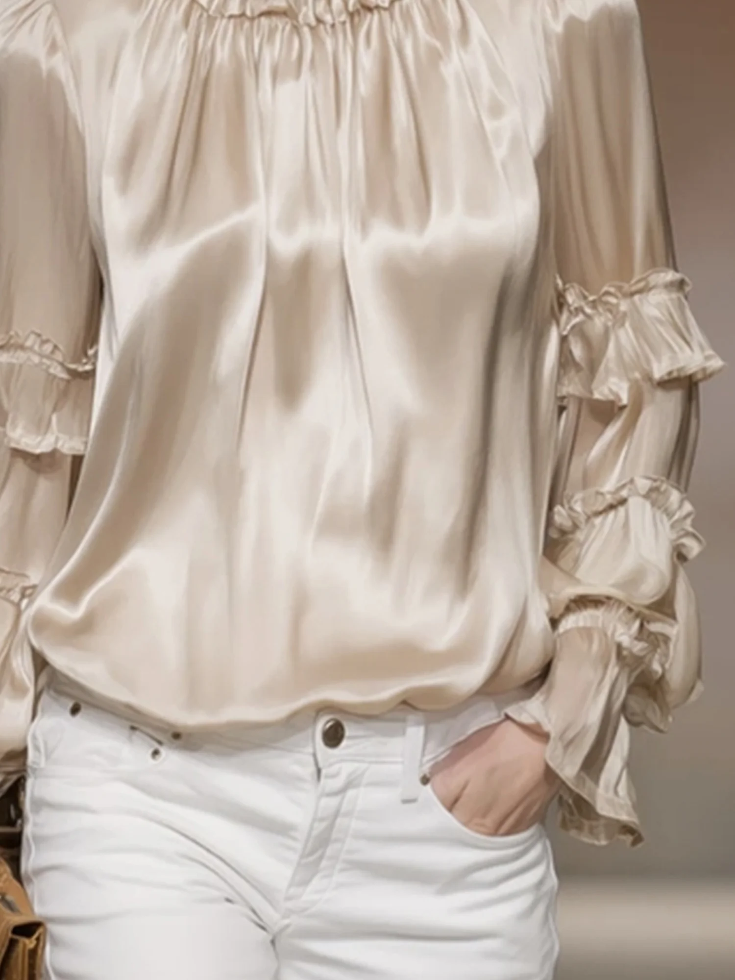 Satin Elegant Plain Peplum Stand Collar  Blouse