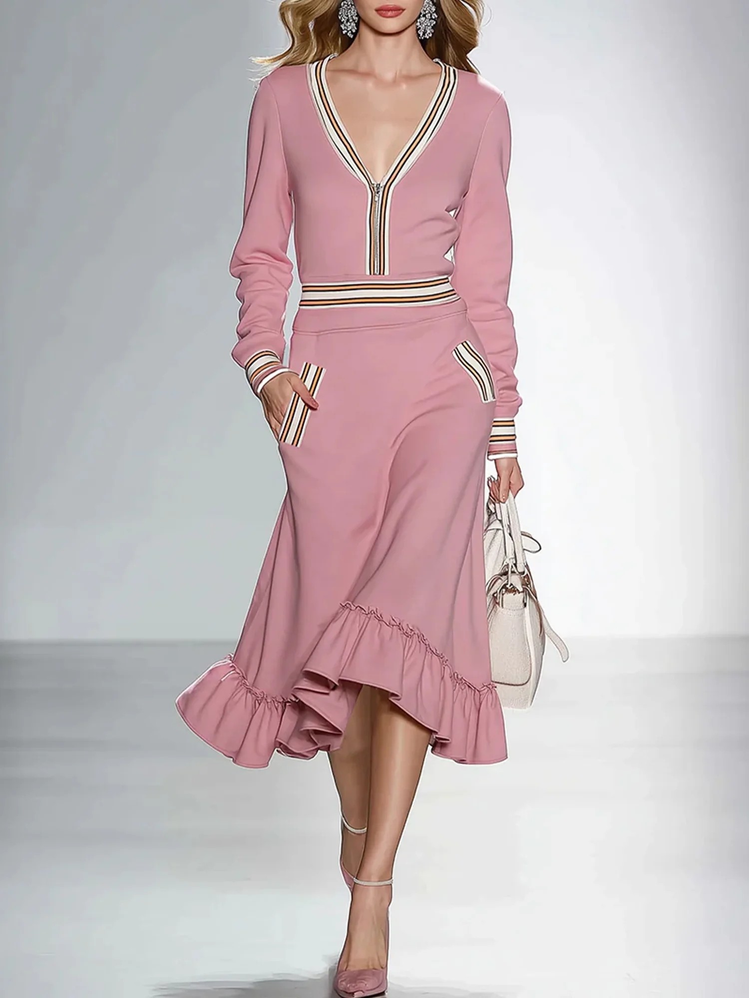 Elegant Plain  Peplum V Neck Midi Dress