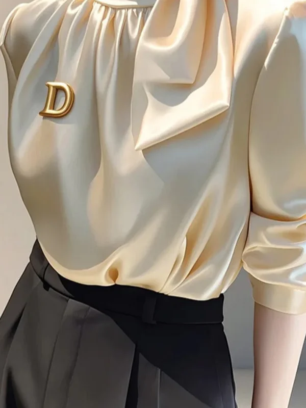 Satin Elegant Plain Lace-up Tie Neck Blouse