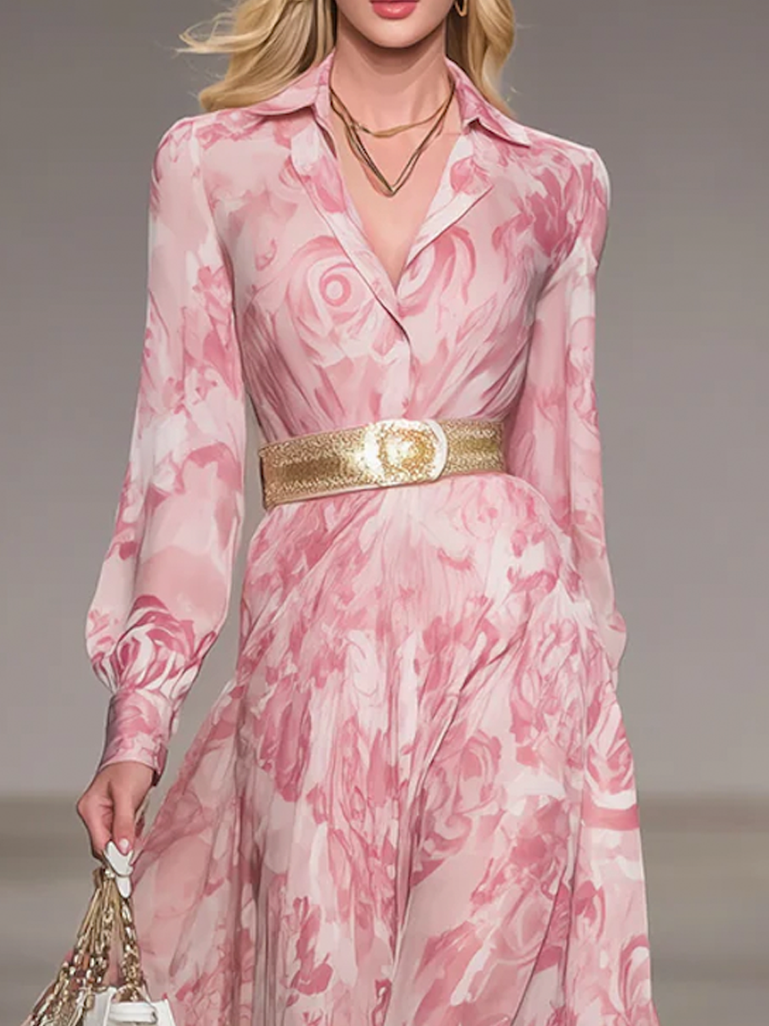 Elegant Floral Shirt Collar Maxi Dress No Belt