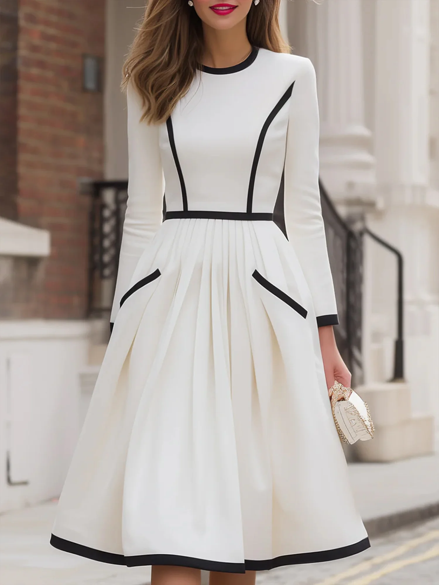 Elegant Color Block Gathered Crew Neck Midi Dress