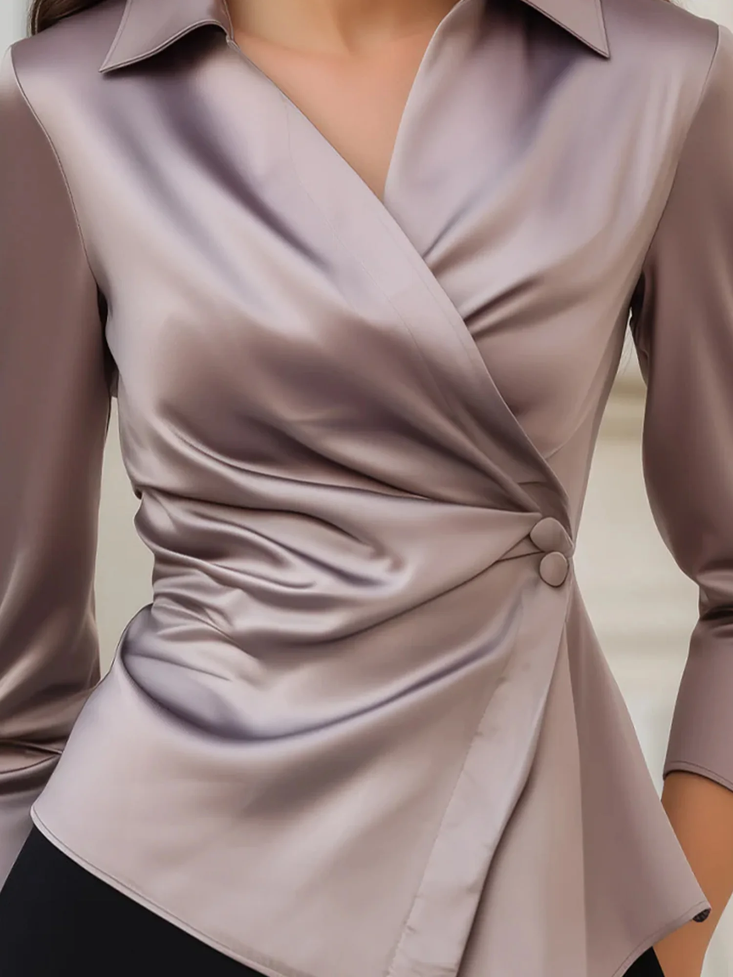 Satin Urban Plain  Asymmetric Shirt Collar Shirt