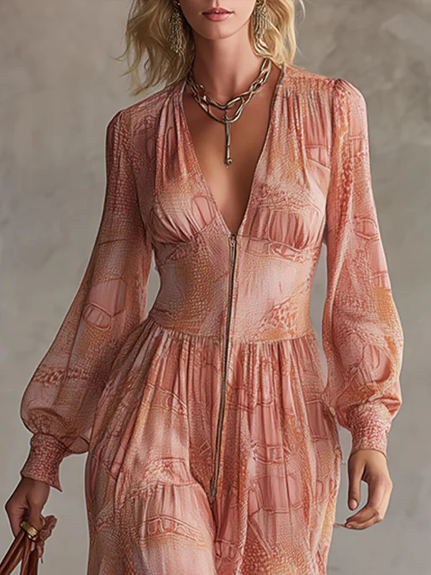 Elegant Orange Floral Printing V Neck Midi Dress