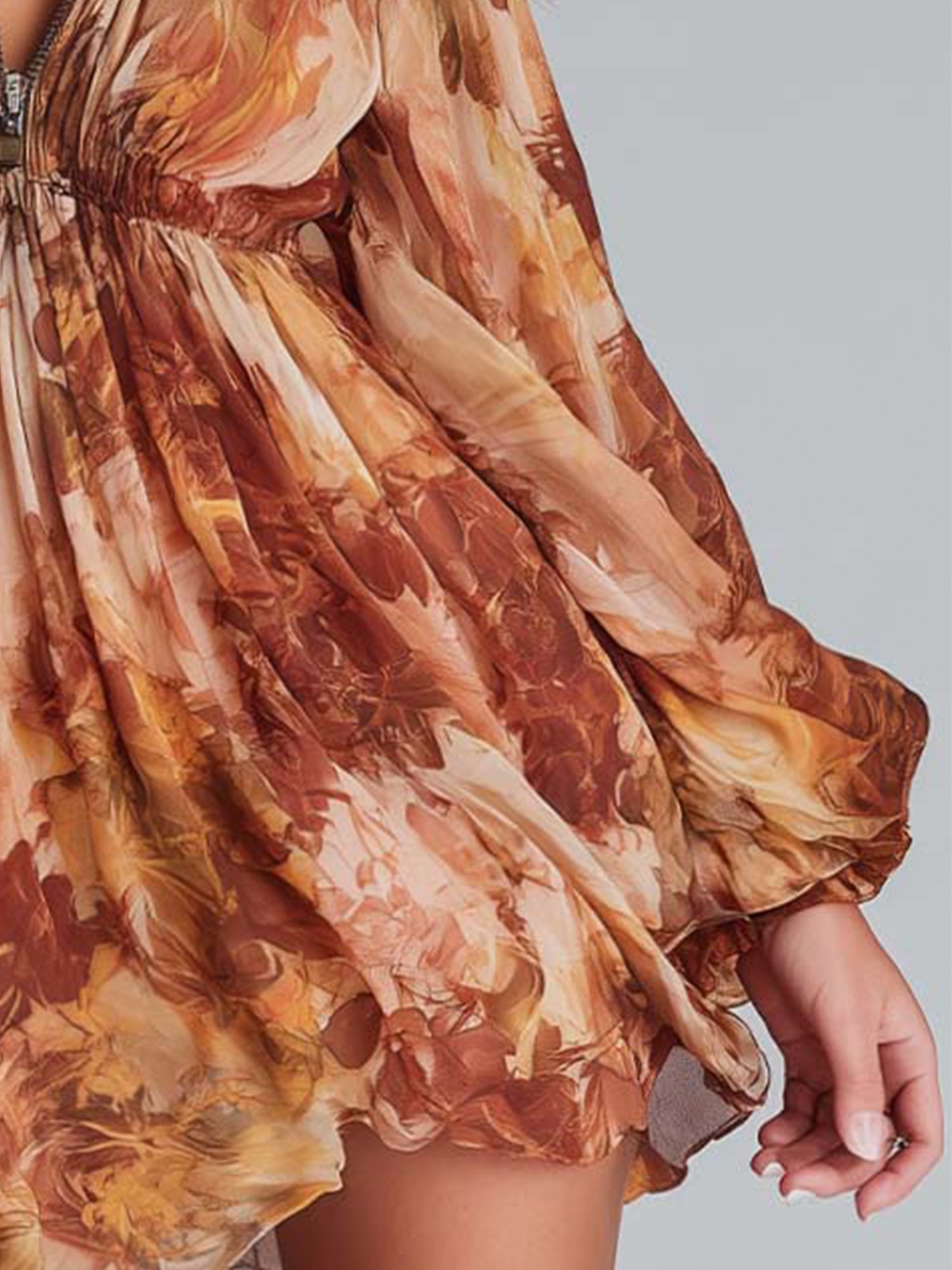 Vacation Random Print Balloon Sleeve Printing Stand Collar Mini Dress