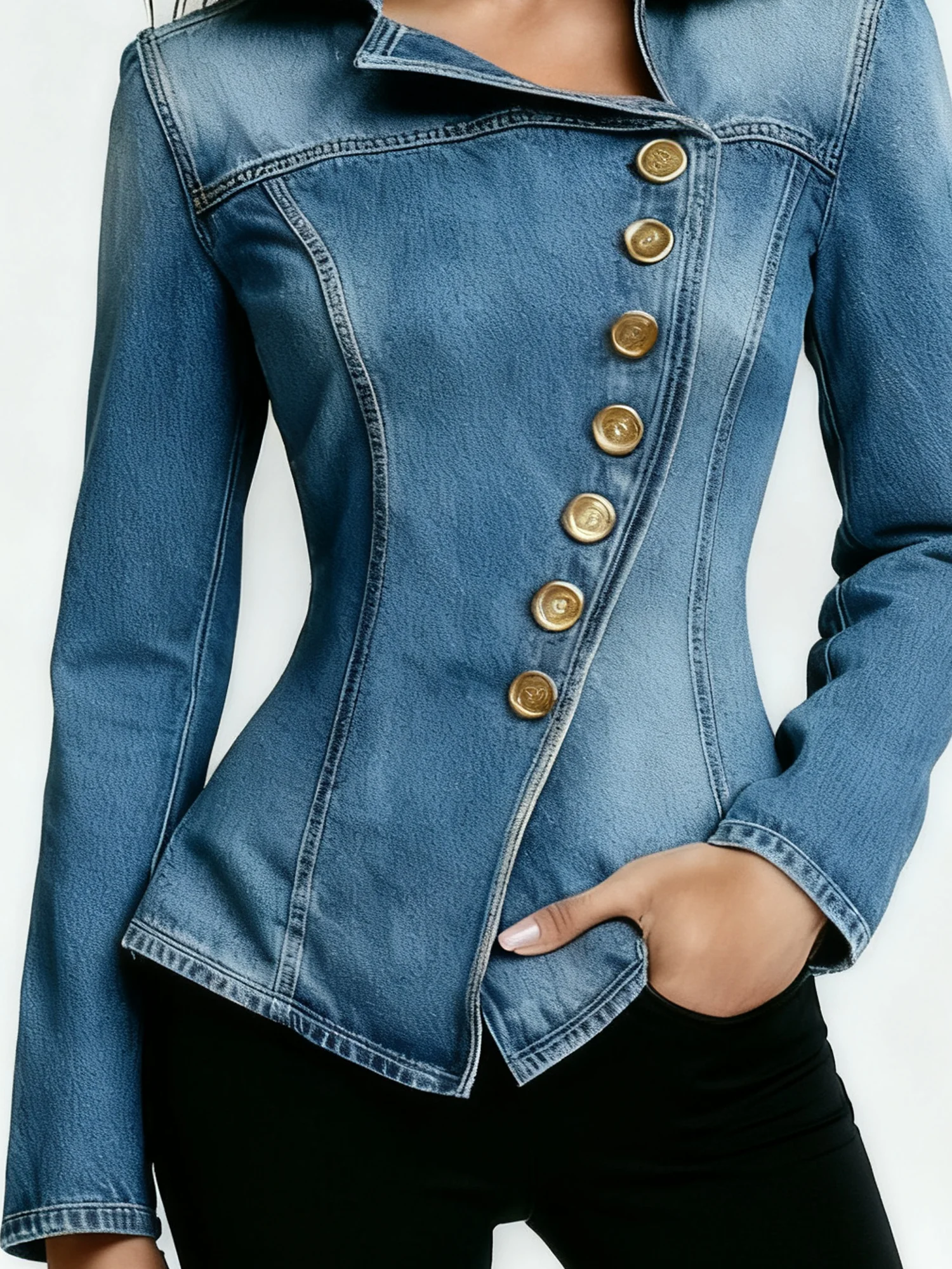 Denim Urban Plain Irregular Craftsmanship Shawl Collar Shirt