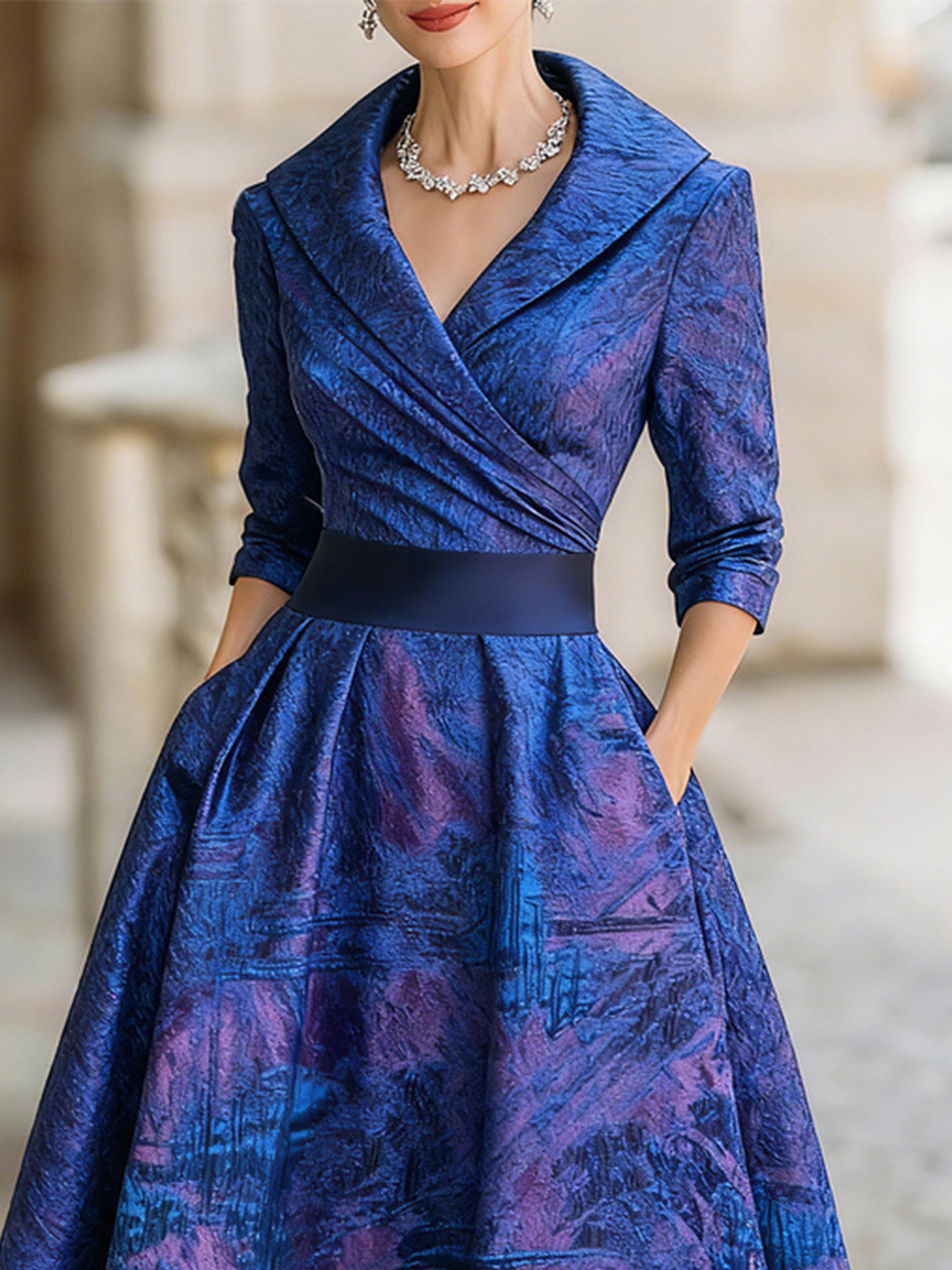 Elegant Random Print Ruched Shawl Collar Knee Length Dress
