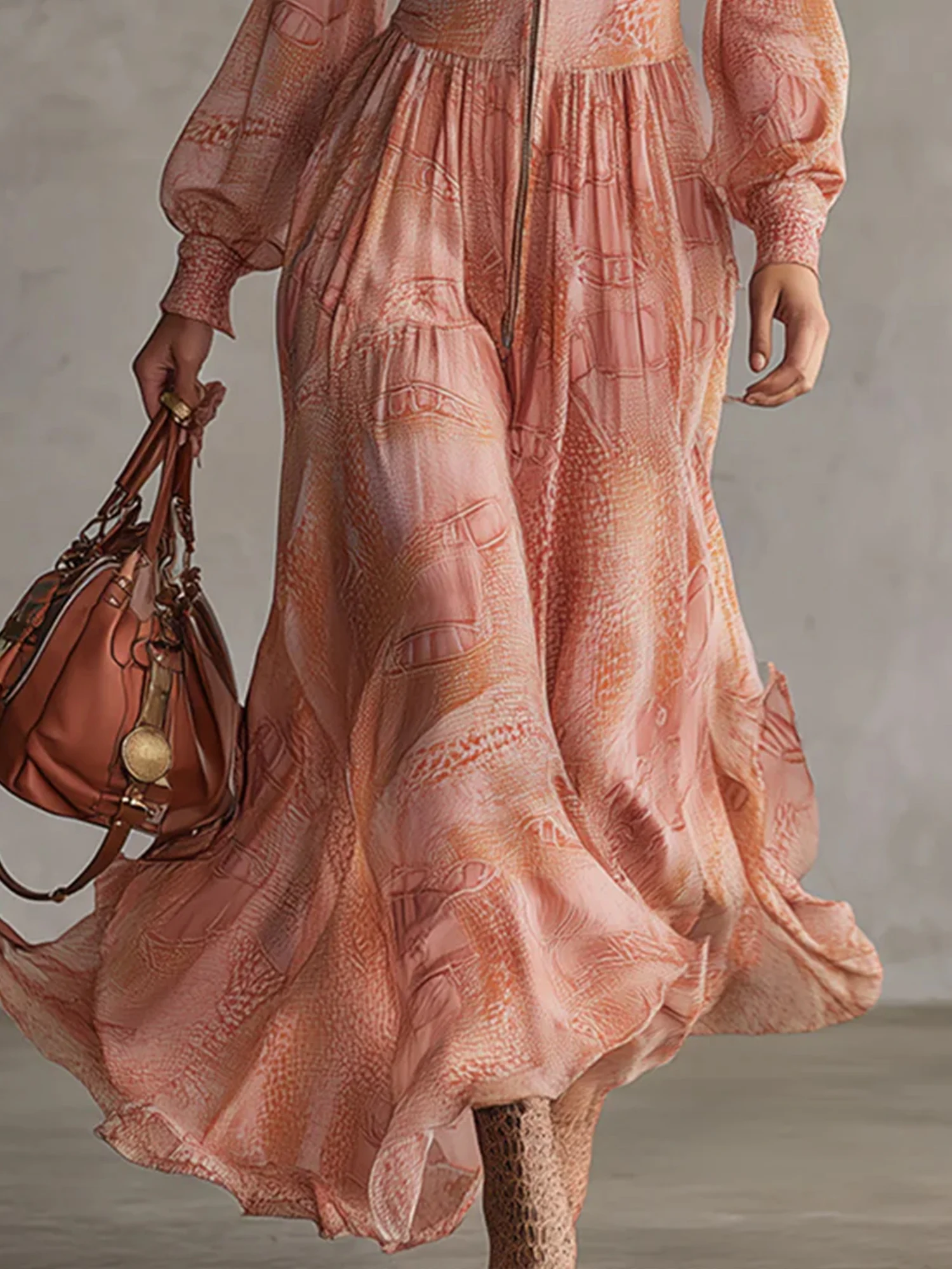 Elegant Orange Floral Printing V Neck Midi Dress