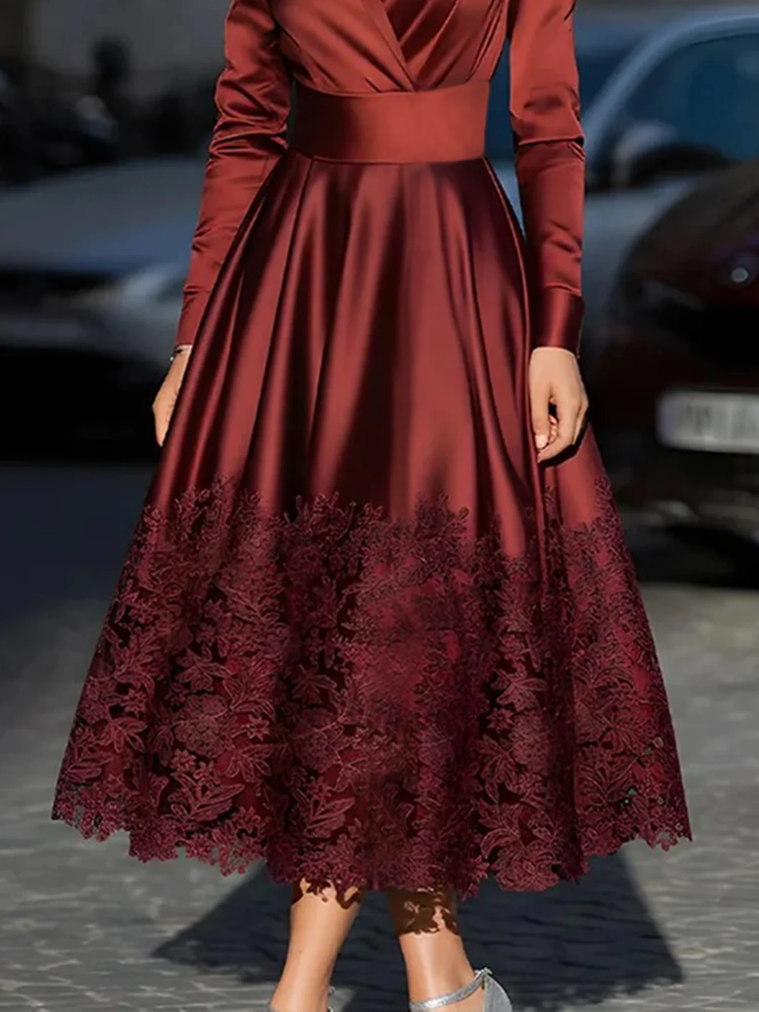 Elegant Plain Satin Lace V Neck Midi Dress