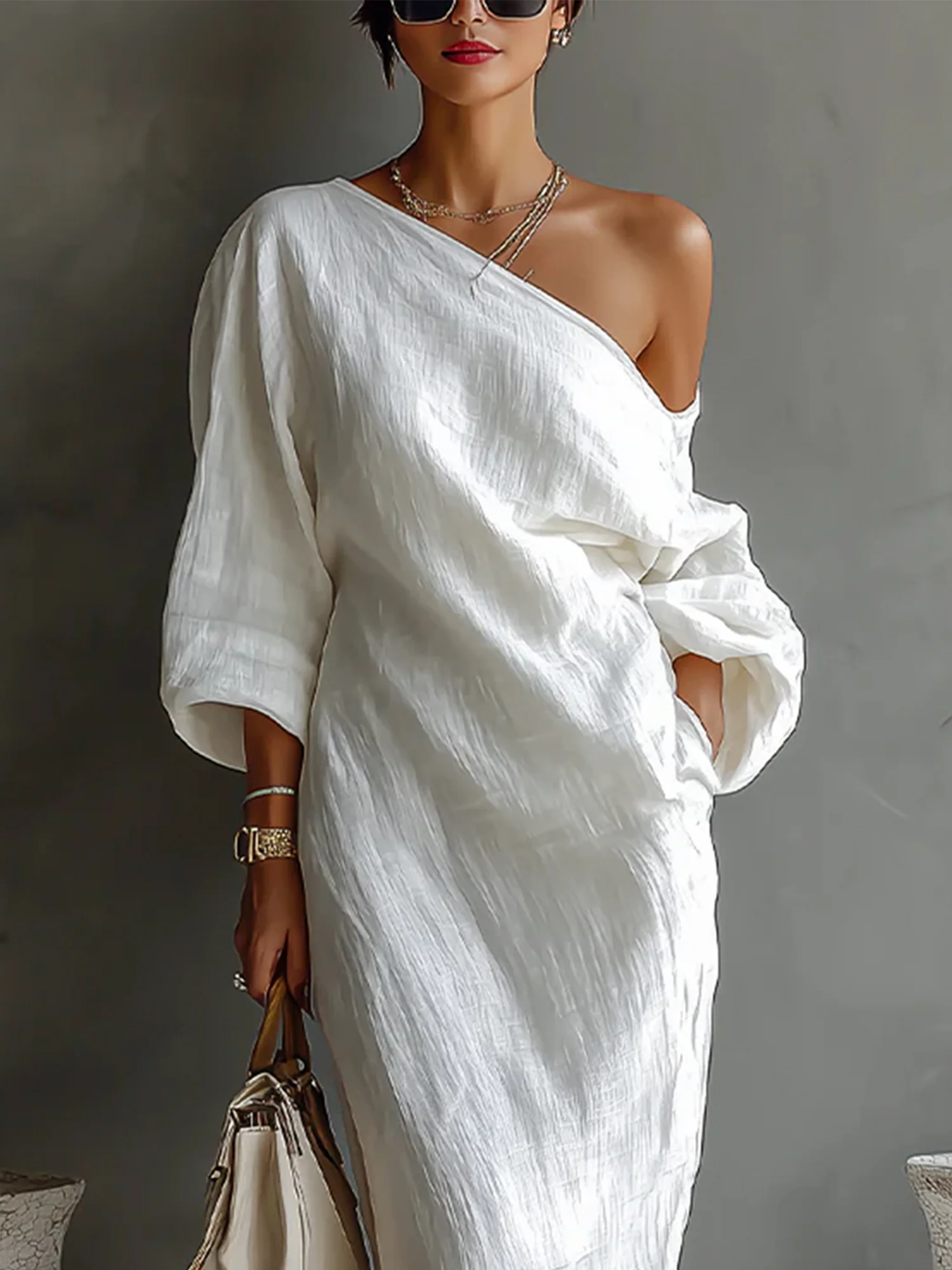 Cotton And Linen Casual Plain Balloon Sleeve Irregular Craftsmanship Maxi Dress