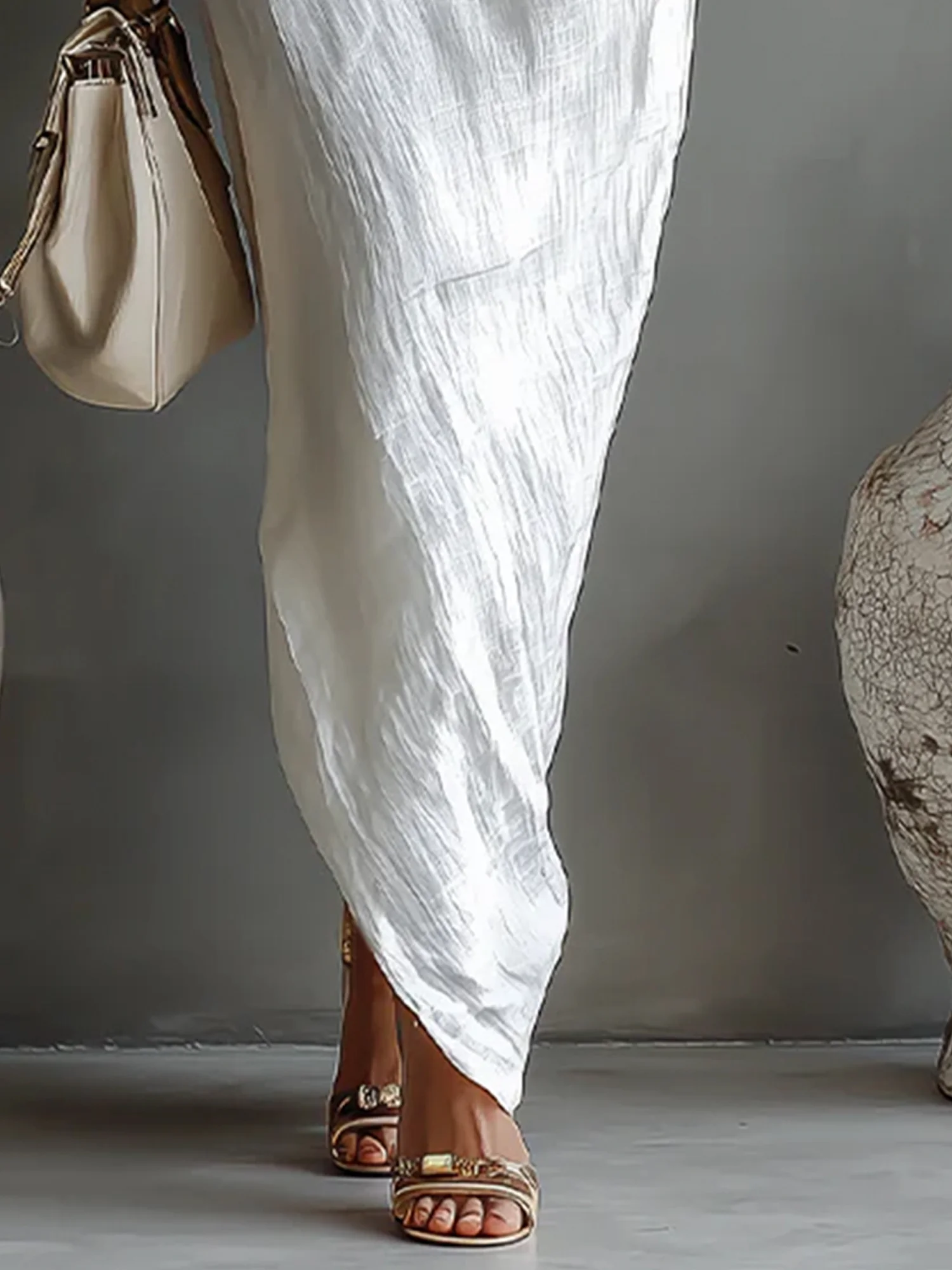 Cotton And Linen Casual Plain Balloon Sleeve Irregular Craftsmanship Maxi Dress