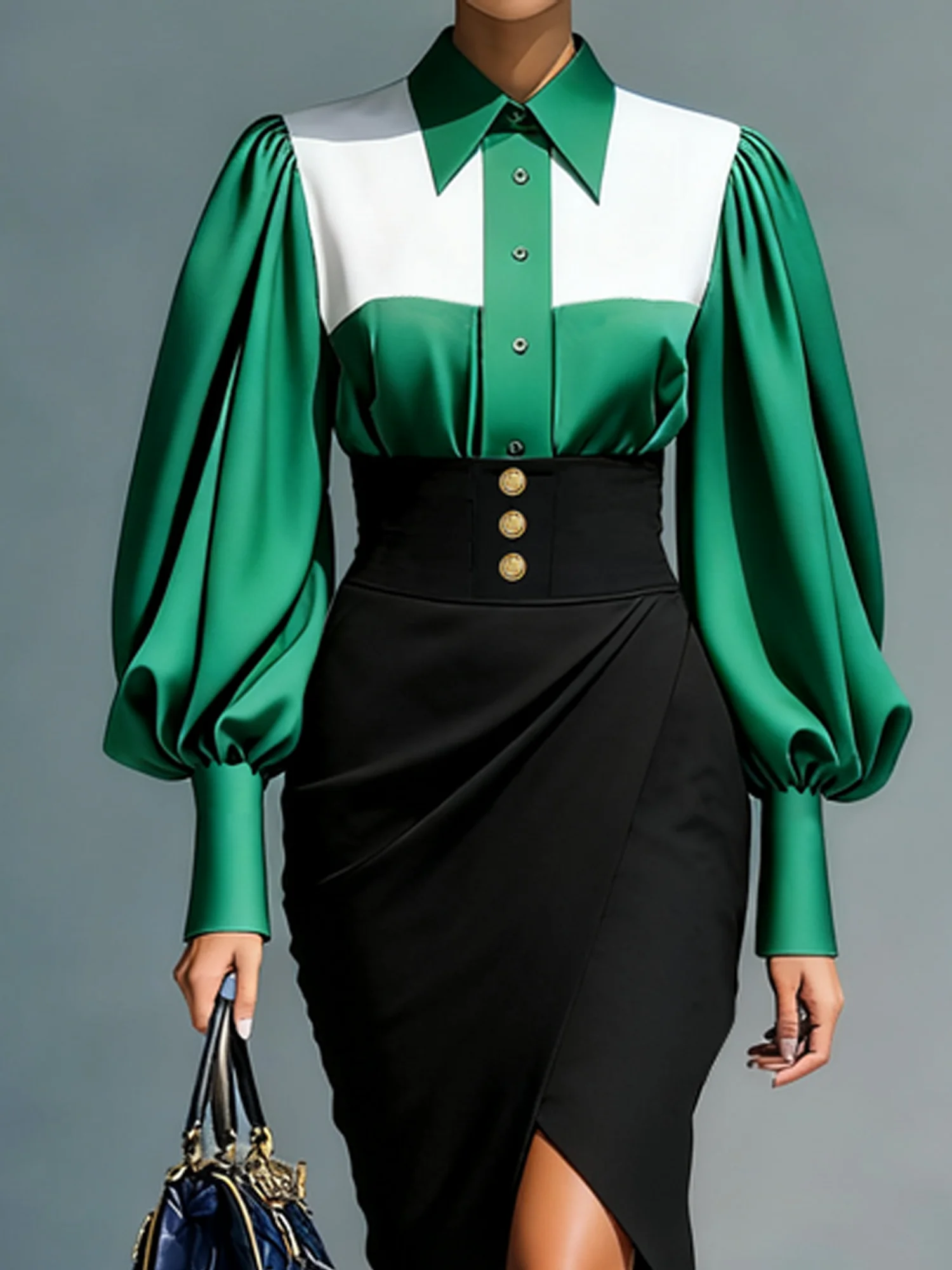 Satin Elegant Color Block Shirt Collar Shirt