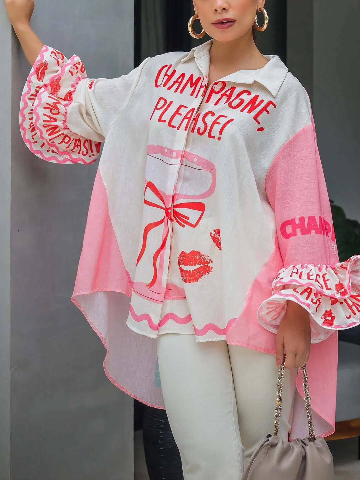 Casual Letter Pattern Printing Shirt Collar Bell Sleeve Shirt