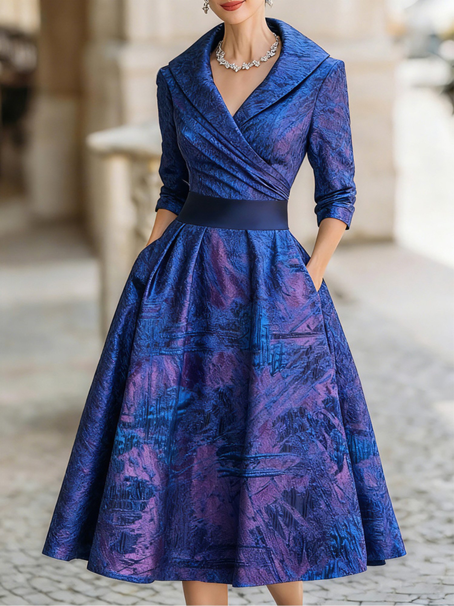 Elegant Random Print Ruched Shawl Collar Knee Length Dress