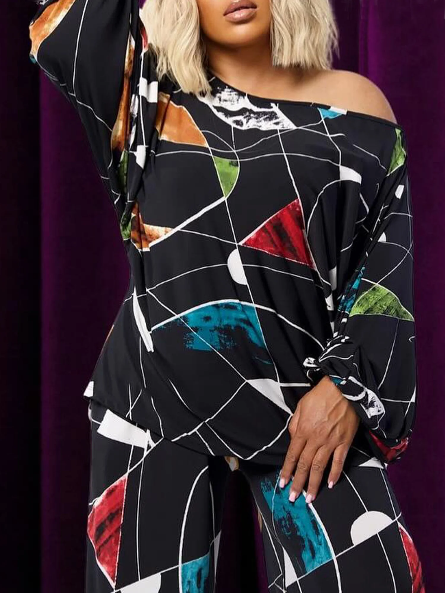 Urban Geometric Printing Cold Shoulder  Blouse