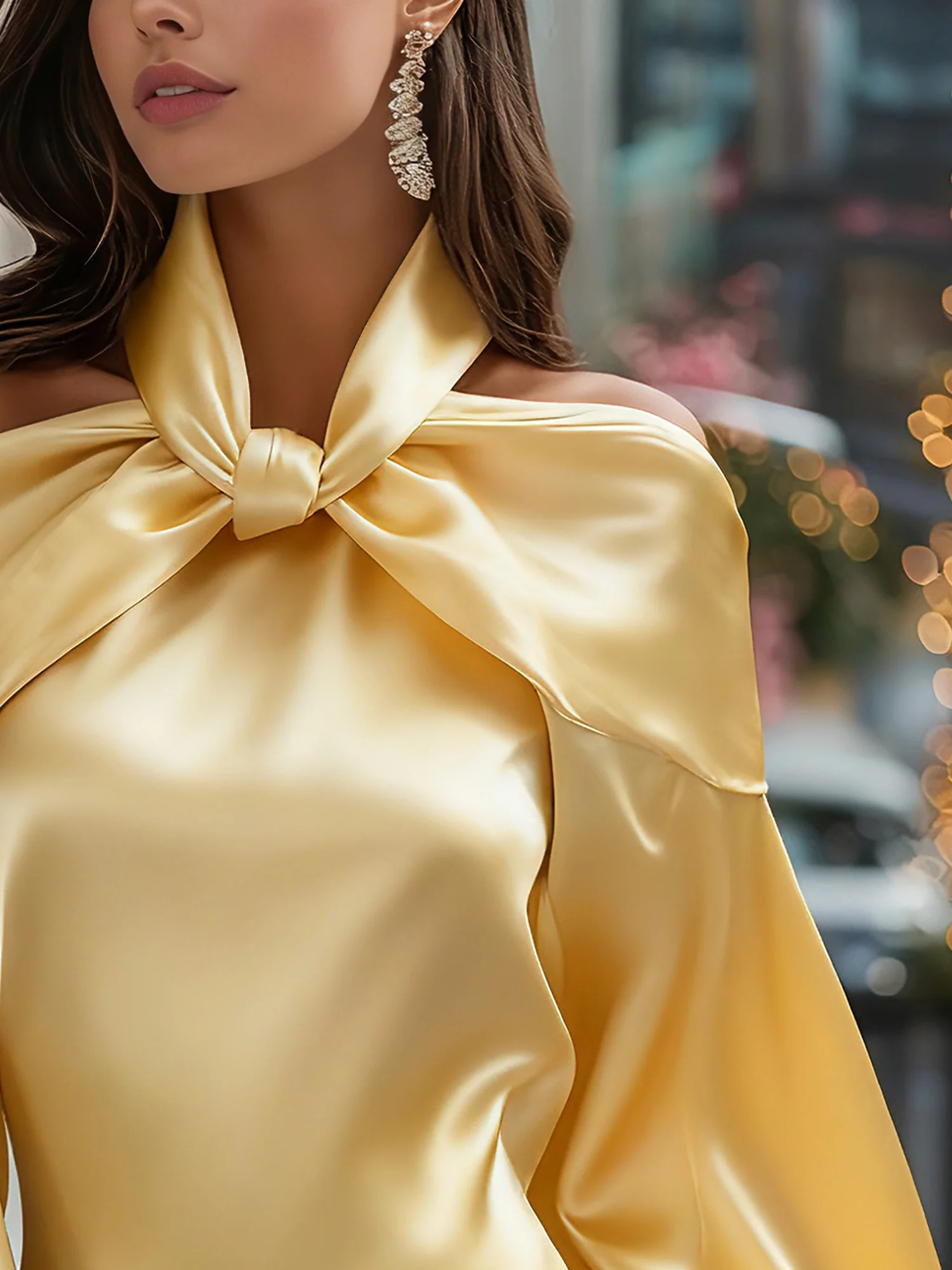 Satin Elegant Plain Knot Halter Balloon Sleeve Blouse