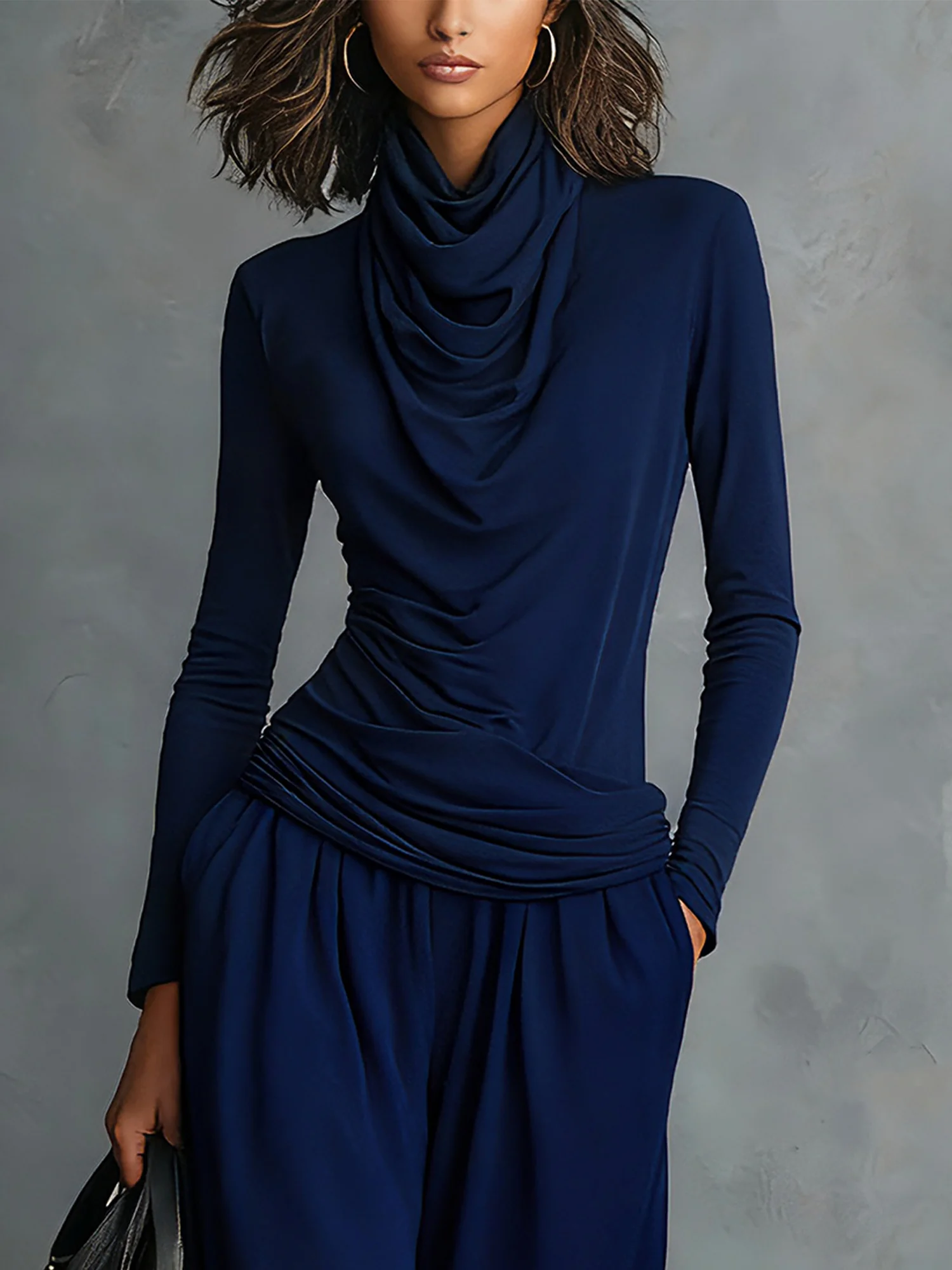 Casual Plain Ruched Cowl Neck T-shirt