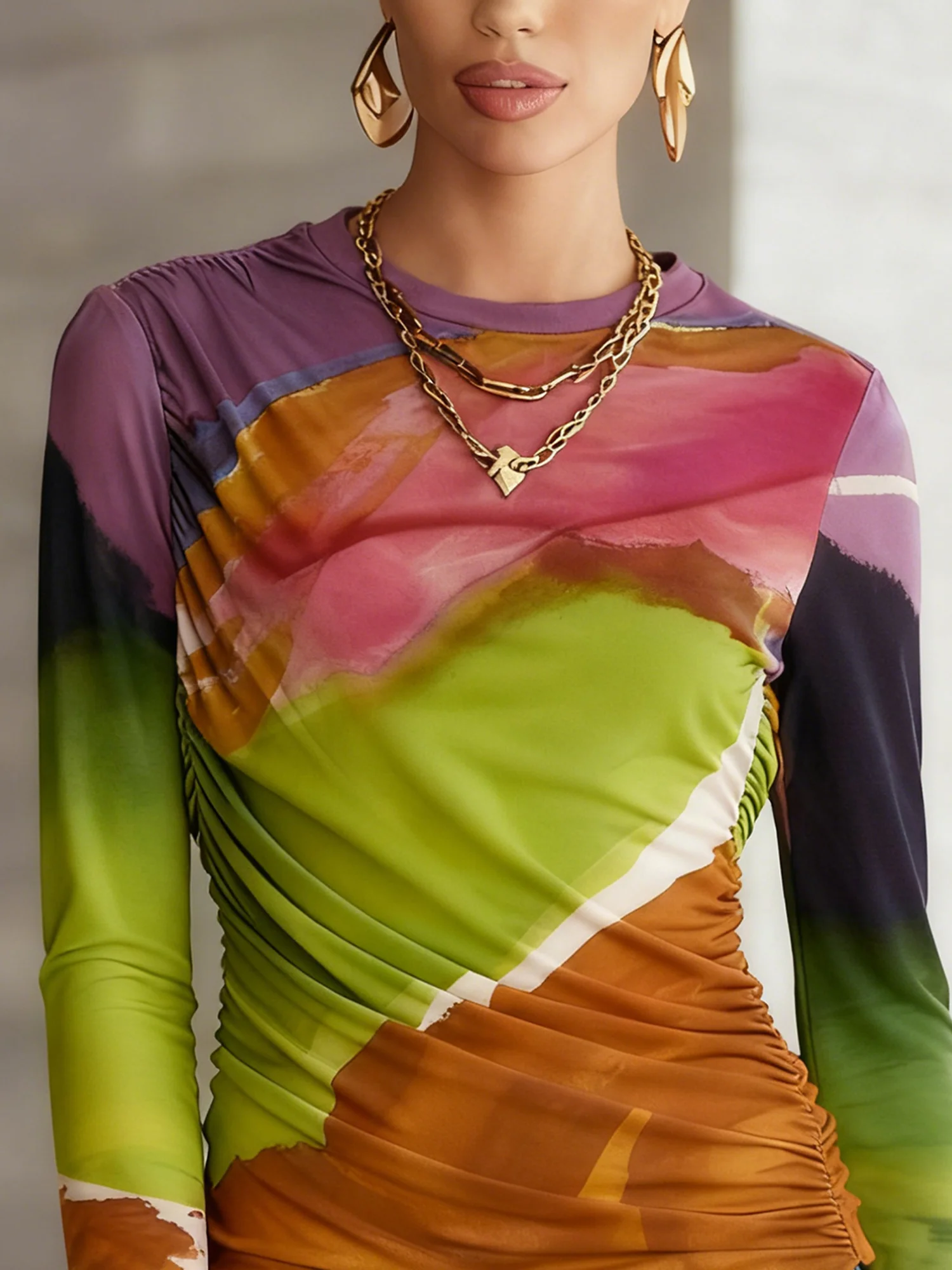 Casual Abstract Printing Ruched Crew Neck T-shirt