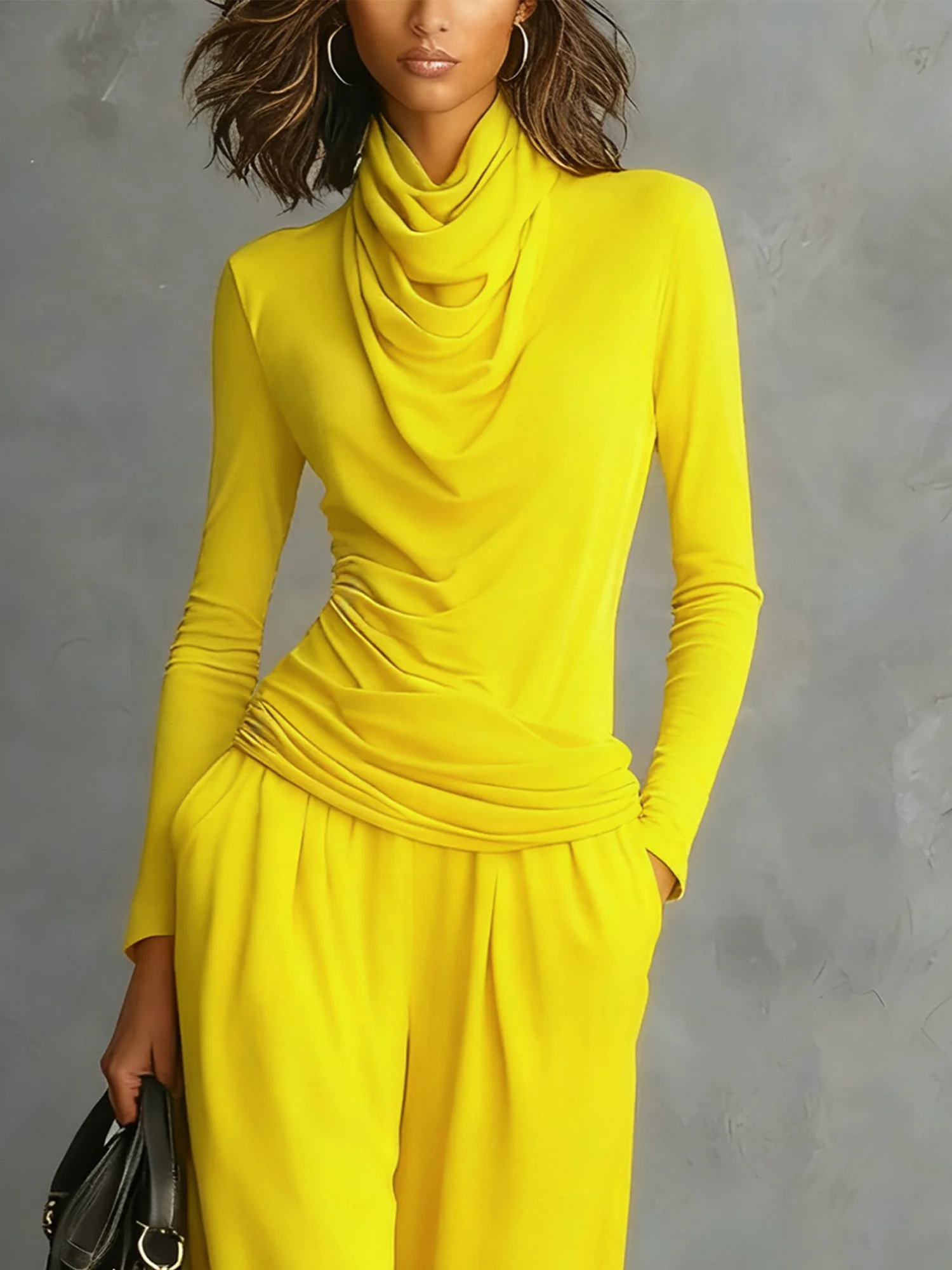 Casual Plain Ruched Cowl Neck T-shirt