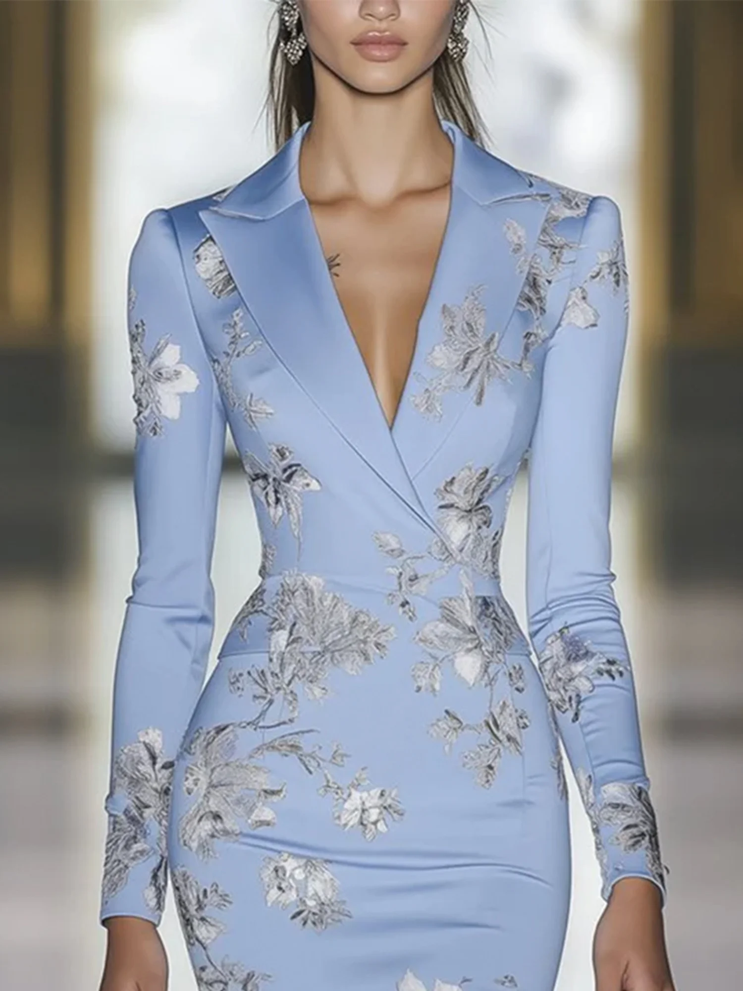 Elegant Botanical Pattern Printing Lapel Collar Knee Length Dress