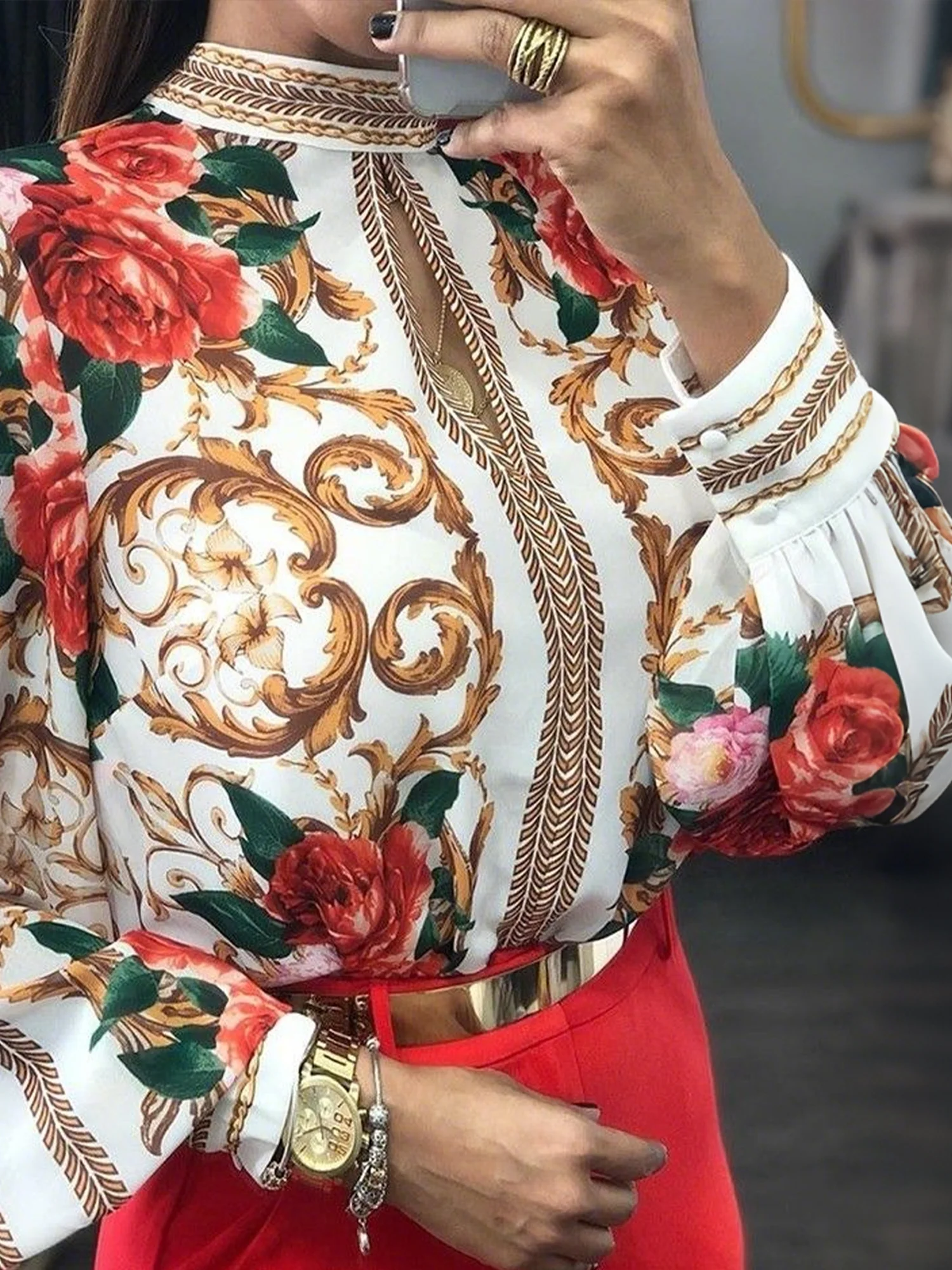 Urban Floral Printing Stand Collar  Blouse