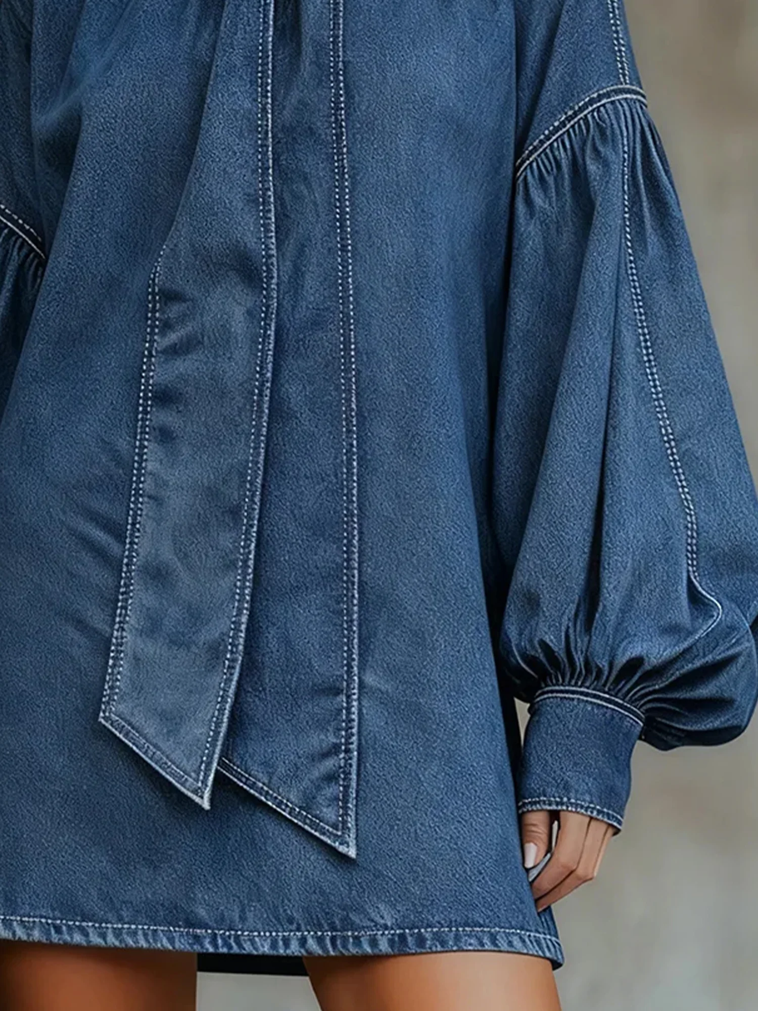 Urban Plain Raglan Sleeves Bow Stand Collar Denim Mini Dress