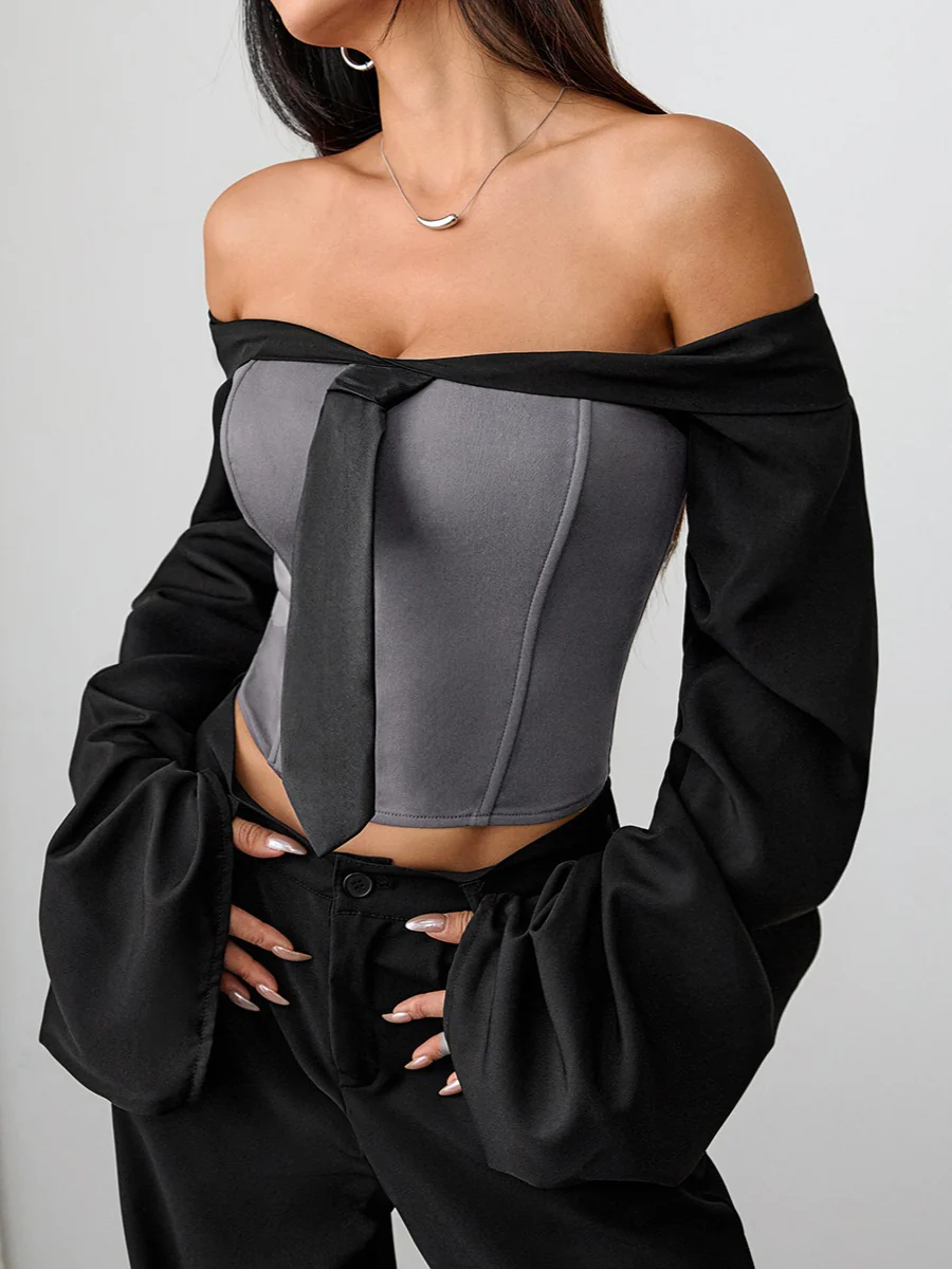 Urban Color Block Split Joint Off The Shoulder Blouse With Tie