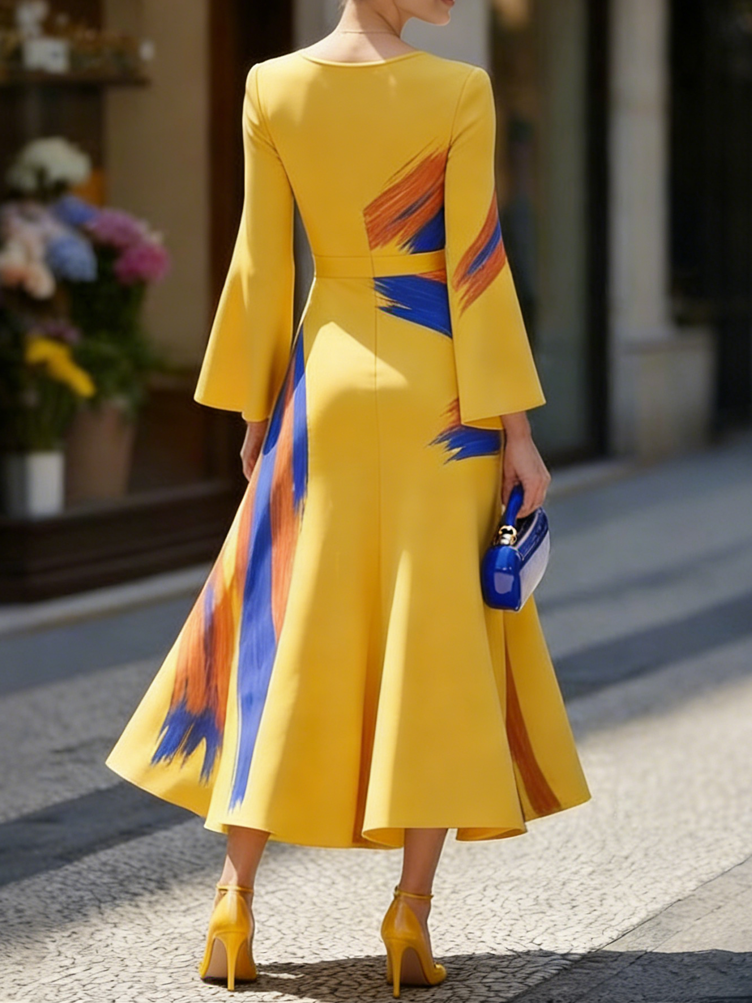 Elegant Random Print Crew Neck Maxi Dress