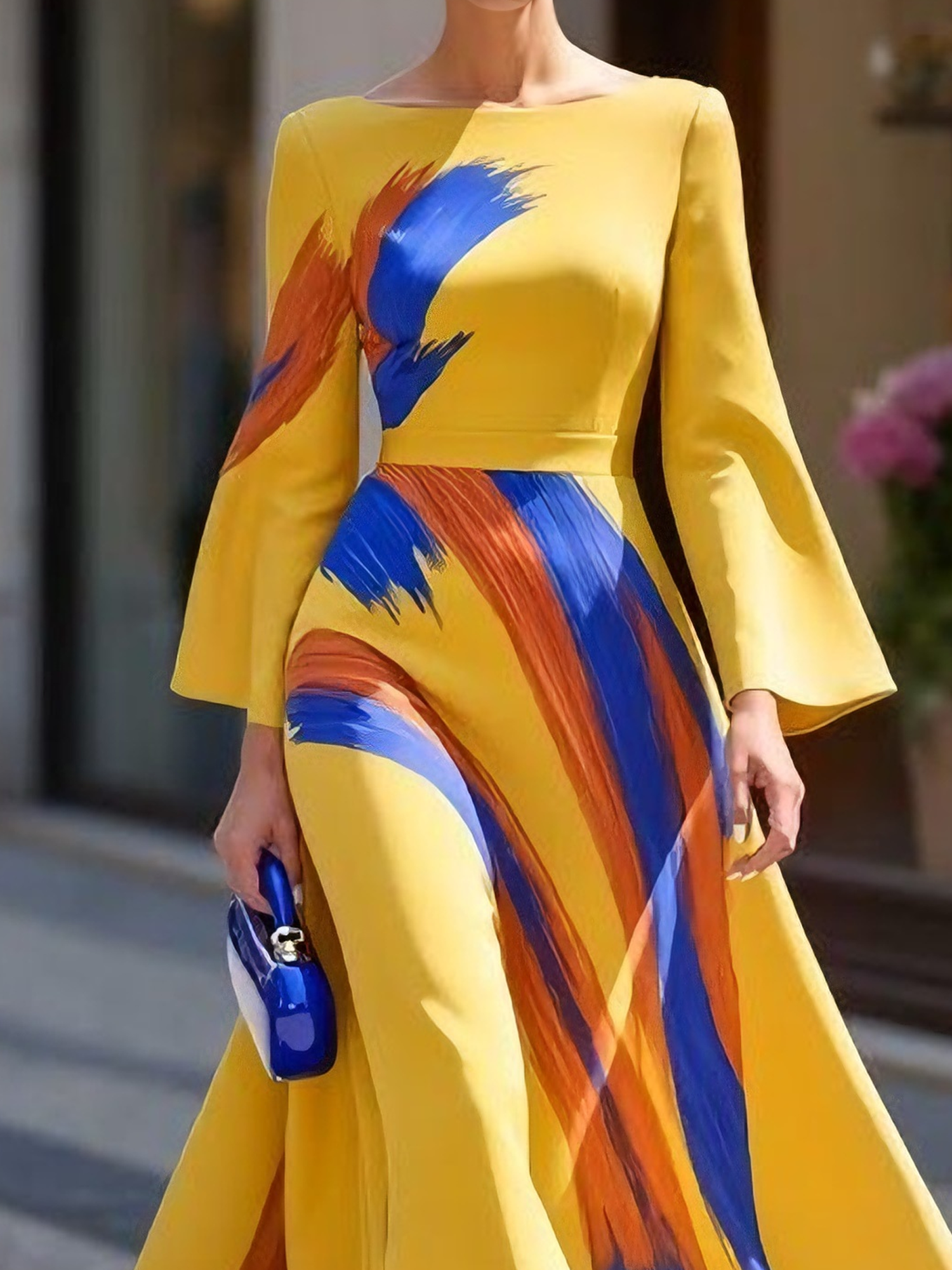 Elegant Random Print Crew Neck Maxi Dress